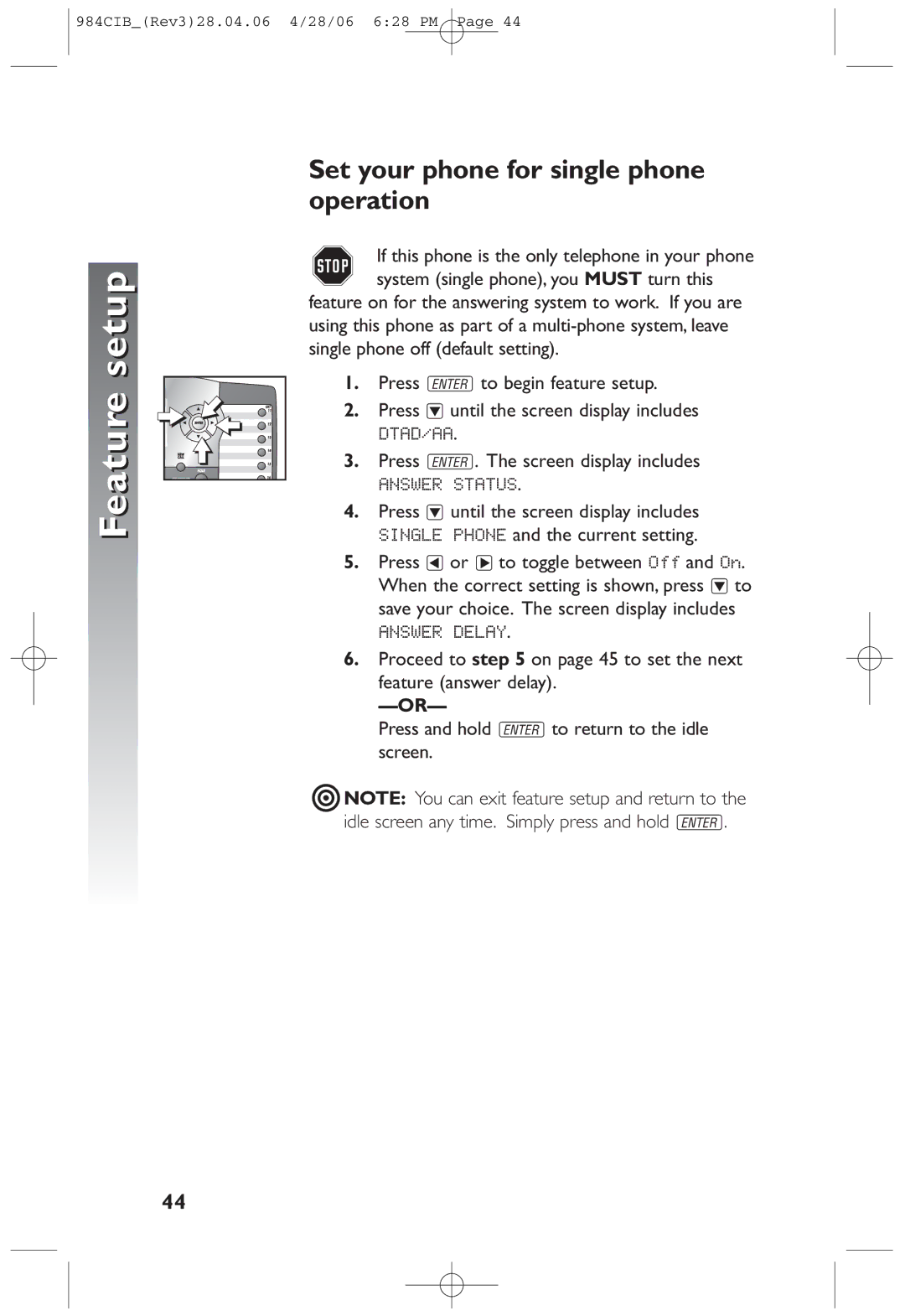 AT&T 984 user manual Set your phone for single phone operation, ANSWERxSTATUS 