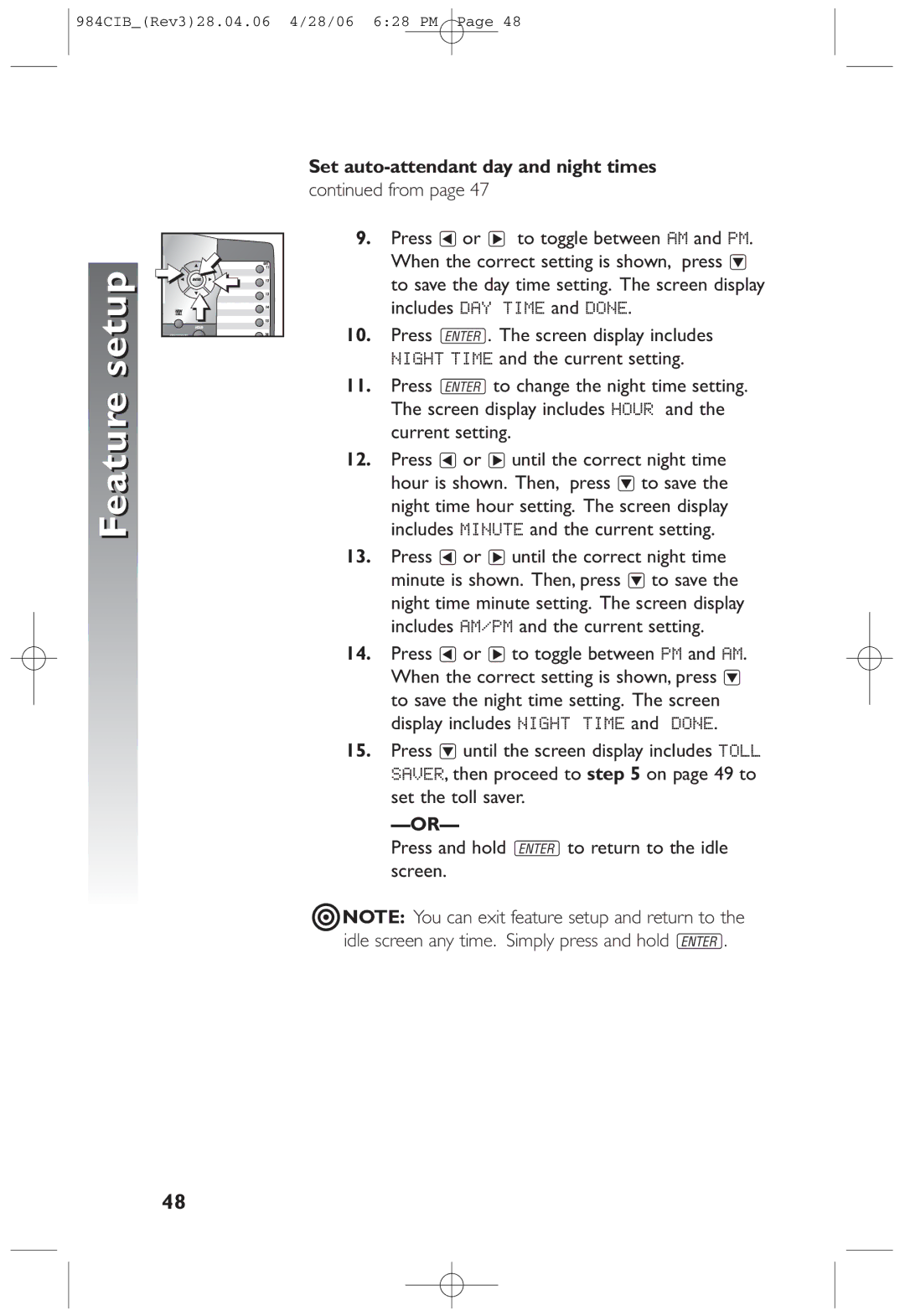 AT&T 984 Set auto-attendant day and night times from, When the correct setting is shown, press, Includes DAYxTIME and Done 