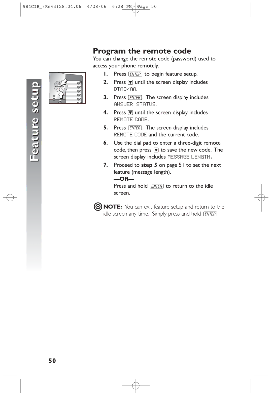 AT&T 984 user manual Program the remote code, Press -until the screen display includes 