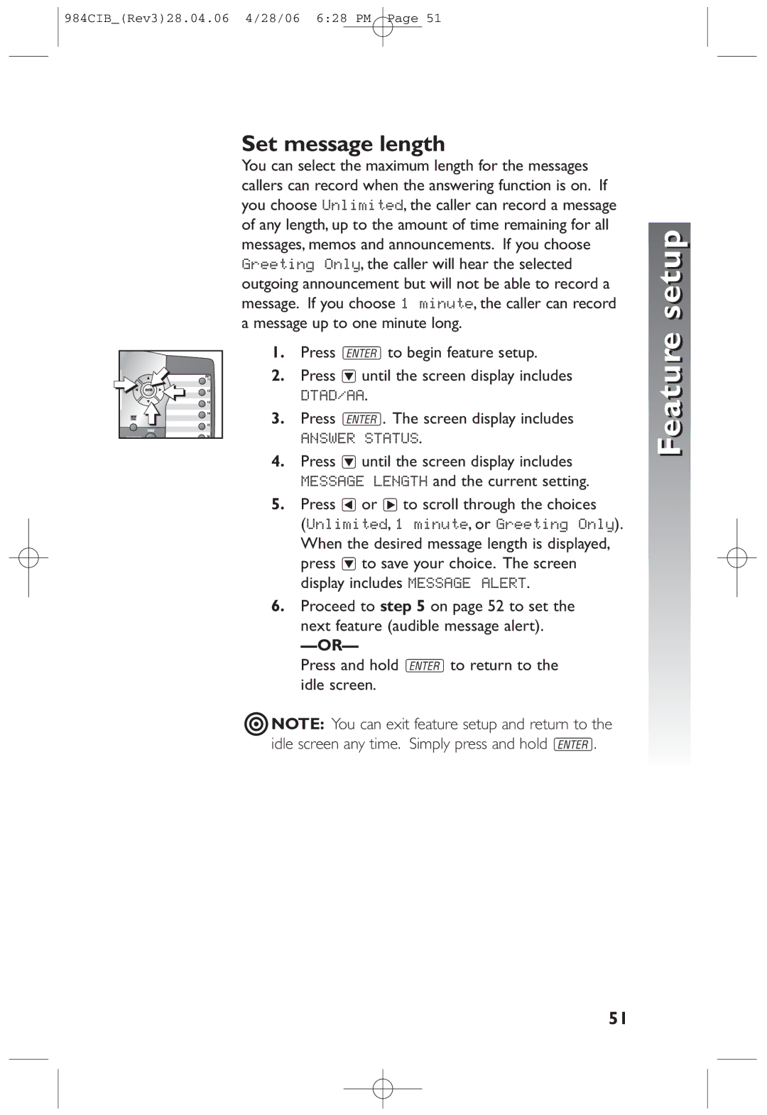 AT&T 984 user manual Set message length, Press or to scroll through the choices 