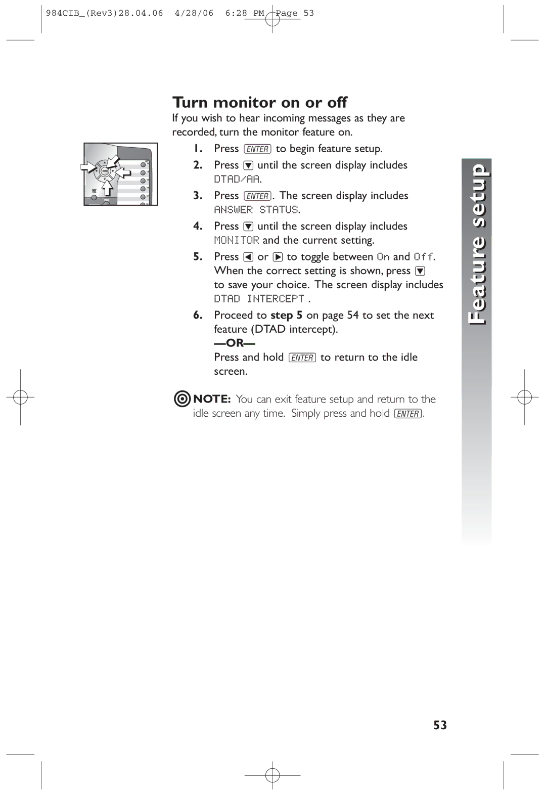 AT&T 984 user manual Turn monitor on or off, Recorded, turn the monitor feature on 