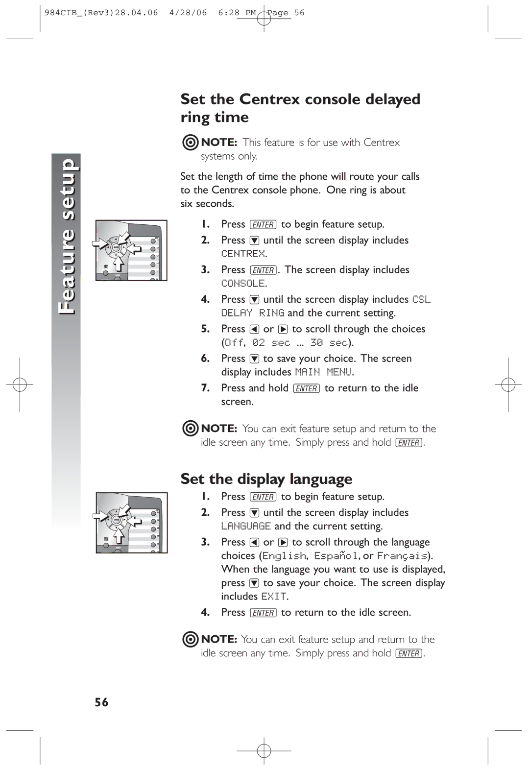 AT&T 984 user manual Set the Centrex console delayed ring time, Set the display language 