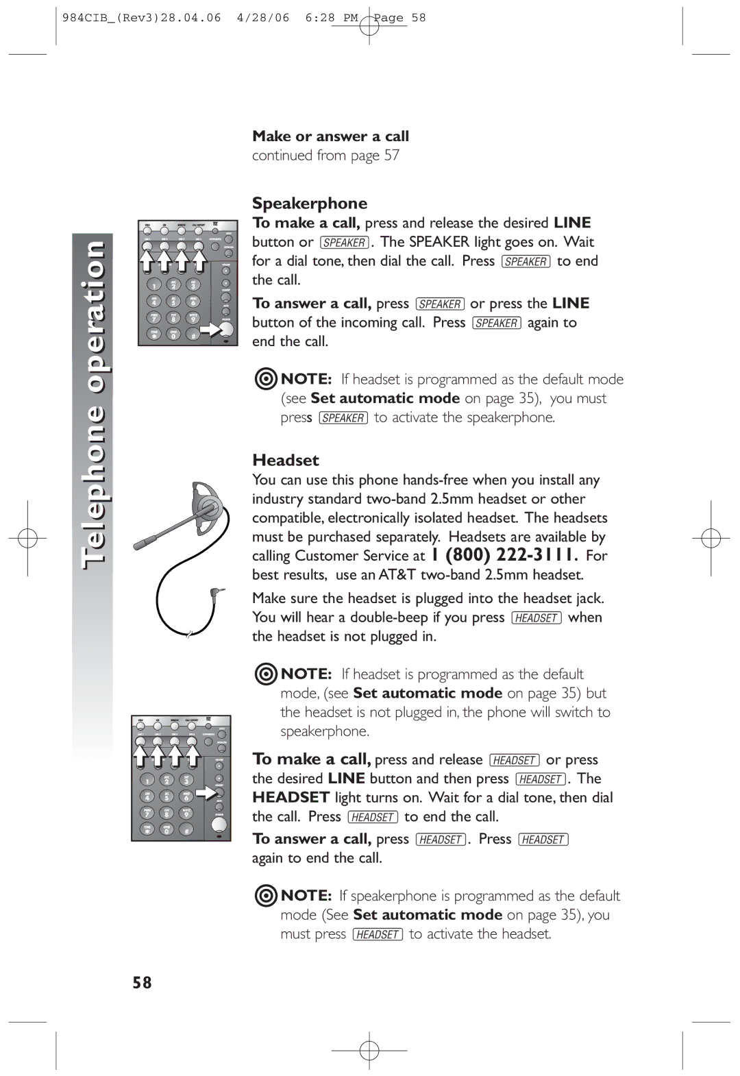 AT&T 984 user manual Telephone, Speakerphone, Headset, Make or answer a call 