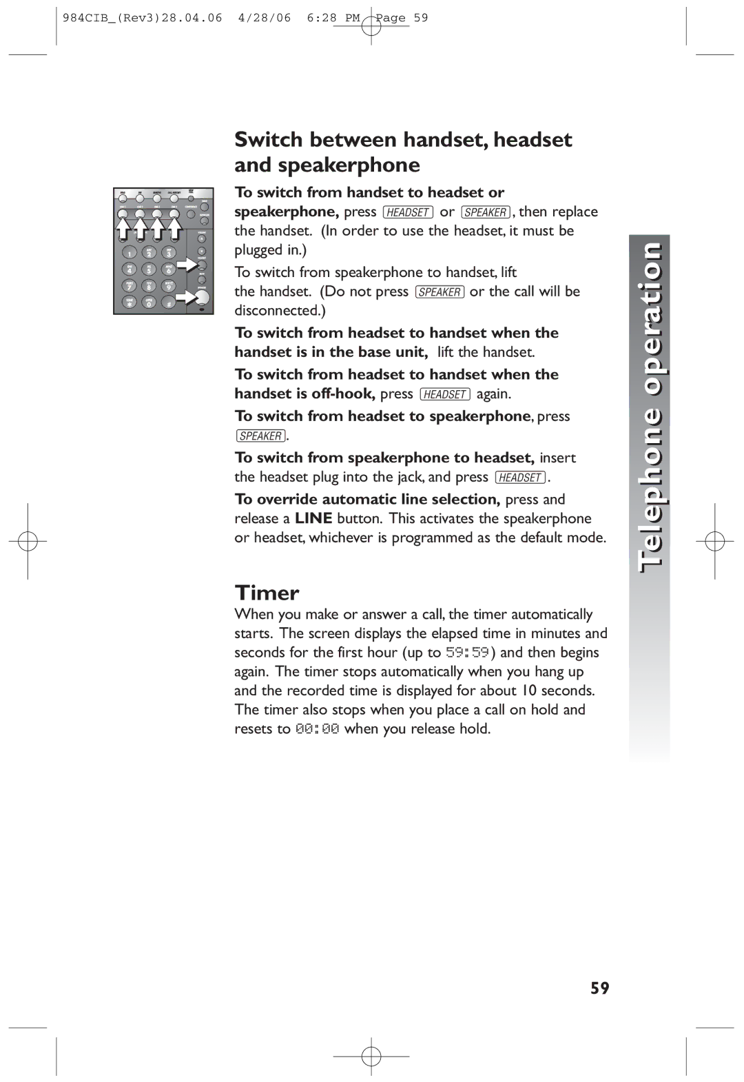 AT&T 984 user manual Speakerphone, Timer 