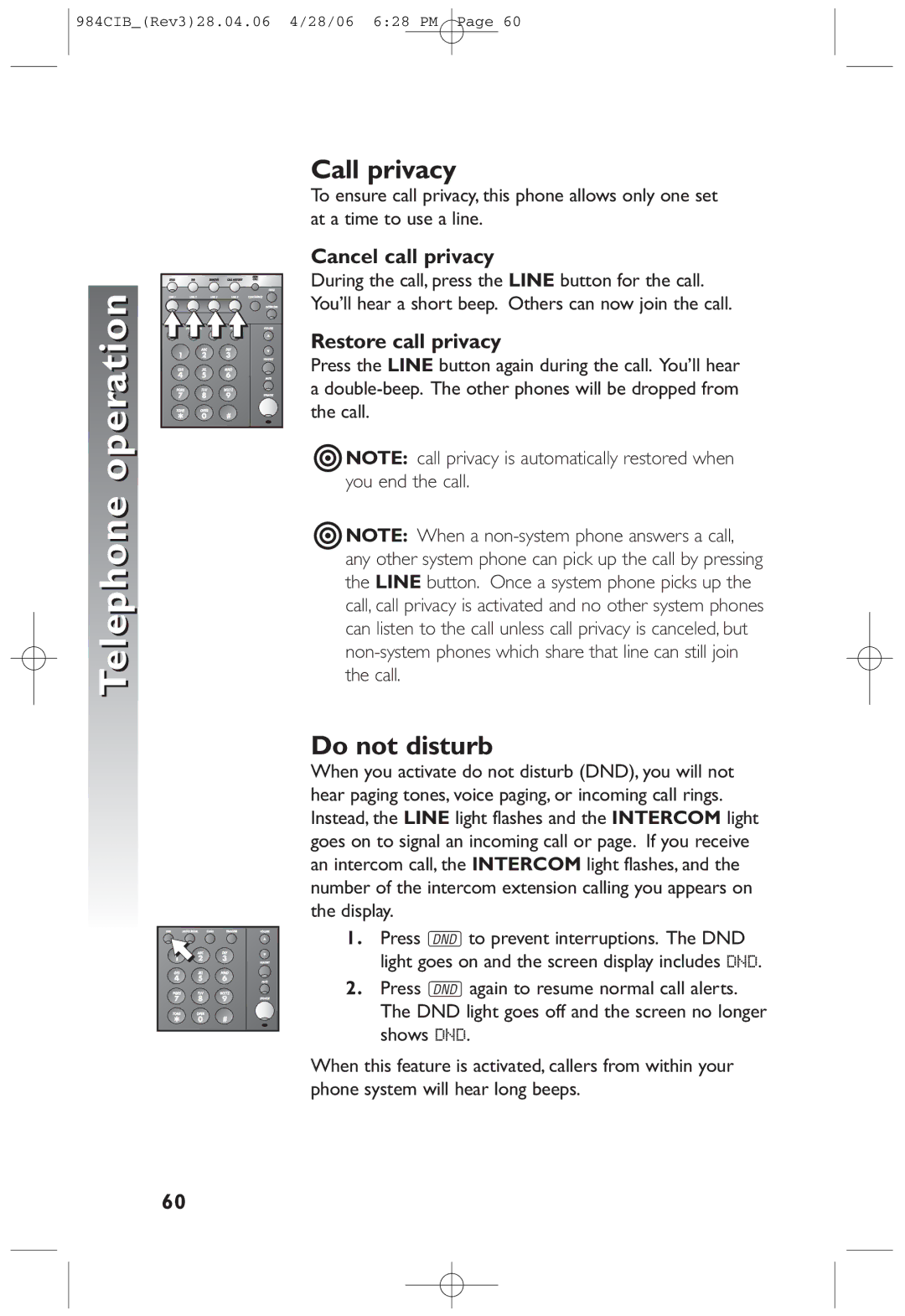 AT&T 984 user manual Operation, Call privacy, Do not disturb, Cancel call privacy, Restore call privacy 