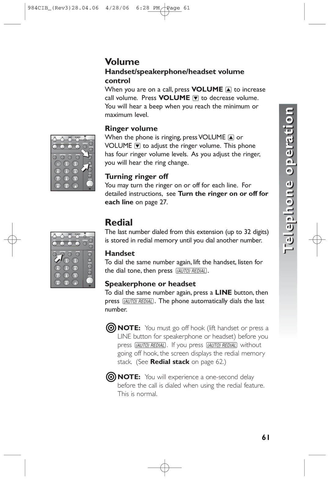 AT&T 984 user manual Volume, Redial 