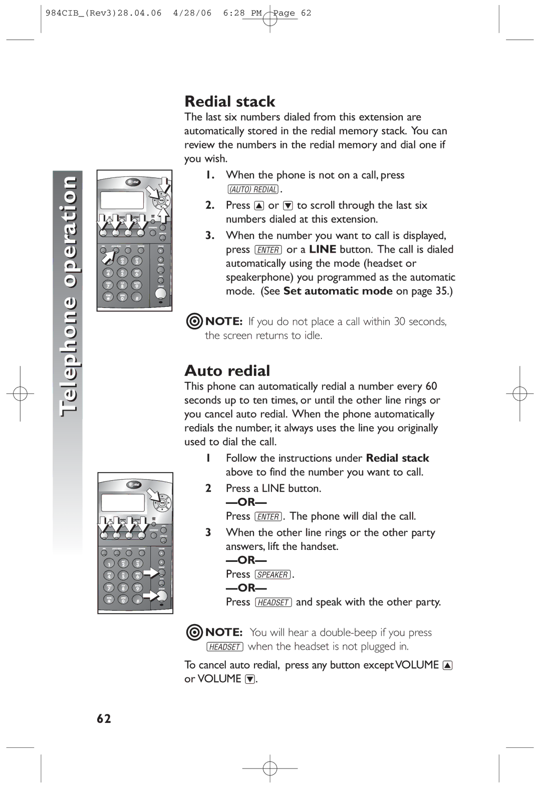 AT&T 984 user manual Redial stack, Auto redial, OR- Press K 