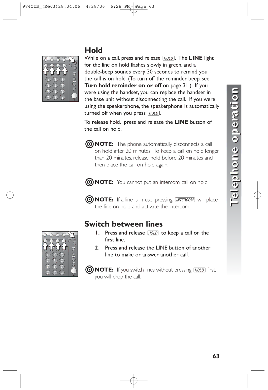 AT&T 984 user manual Hold, Switch between lines, Press and release Hto keep a call on the first line 