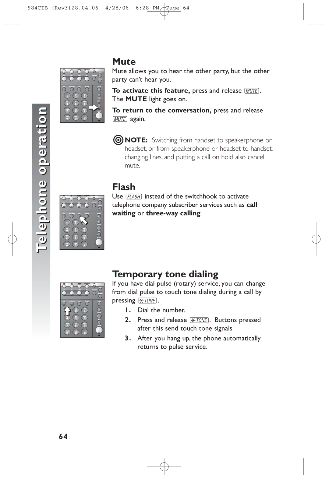 AT&T 984 user manual Mute, Flash, Temporary tone dialing 