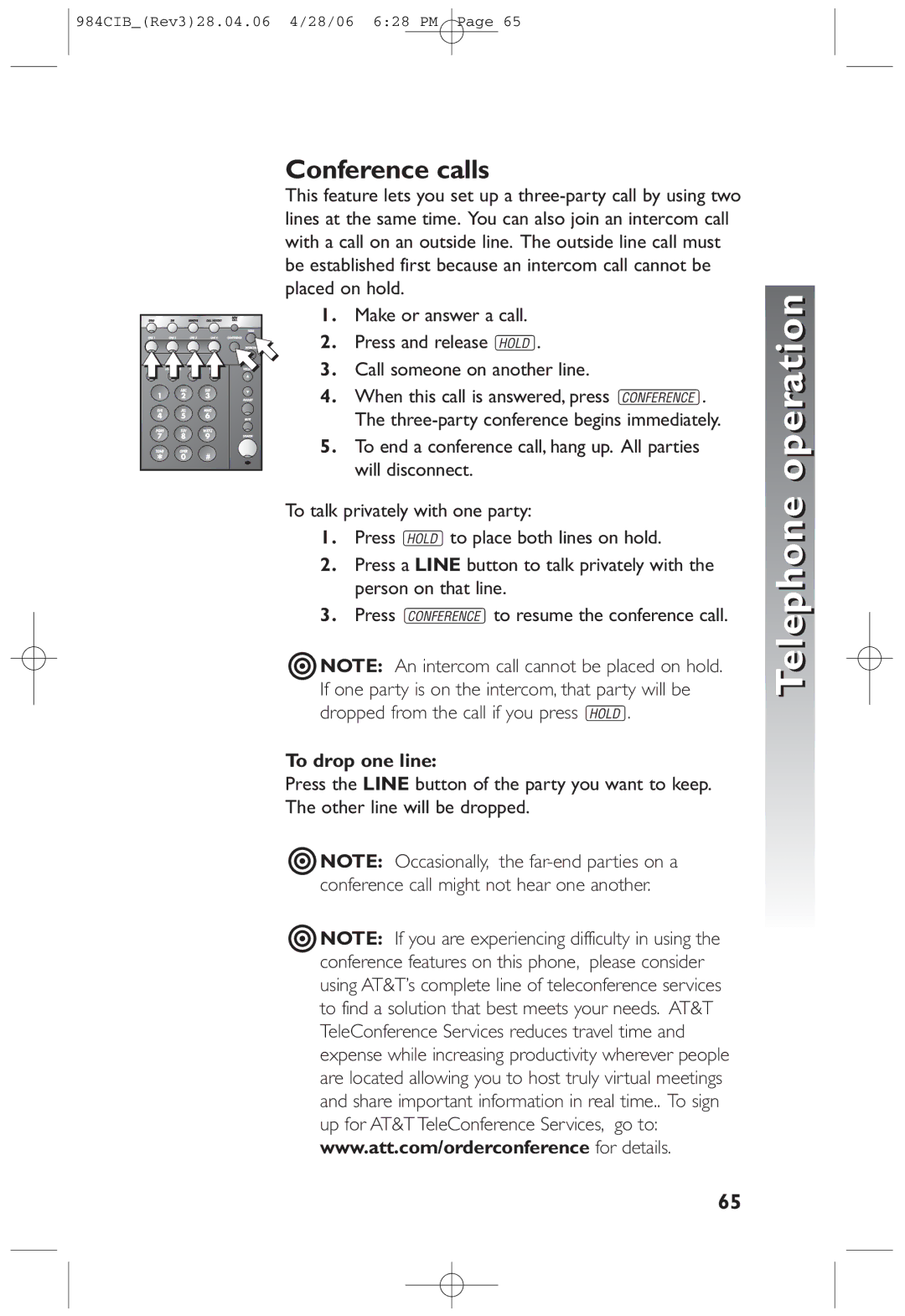 AT&T 984 user manual Conference calls, Call someone on another line, When this call is answered, press C, Will disconnect 