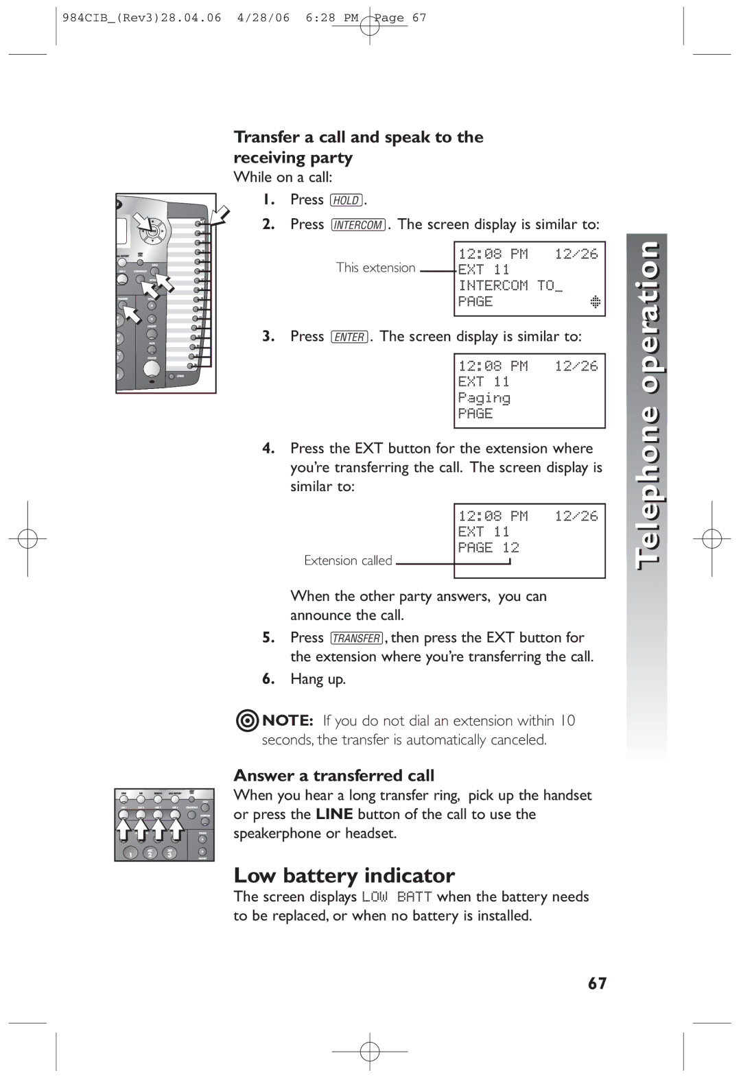 AT&T 984 user manual Low battery indicator, Transfer a call and speak to the receiving party, Answer a transferred call 