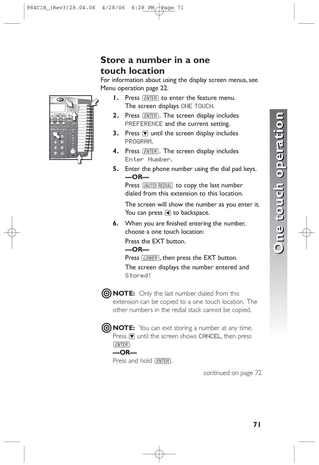 AT&T 984 user manual One touch, Store a number in a one touch location 