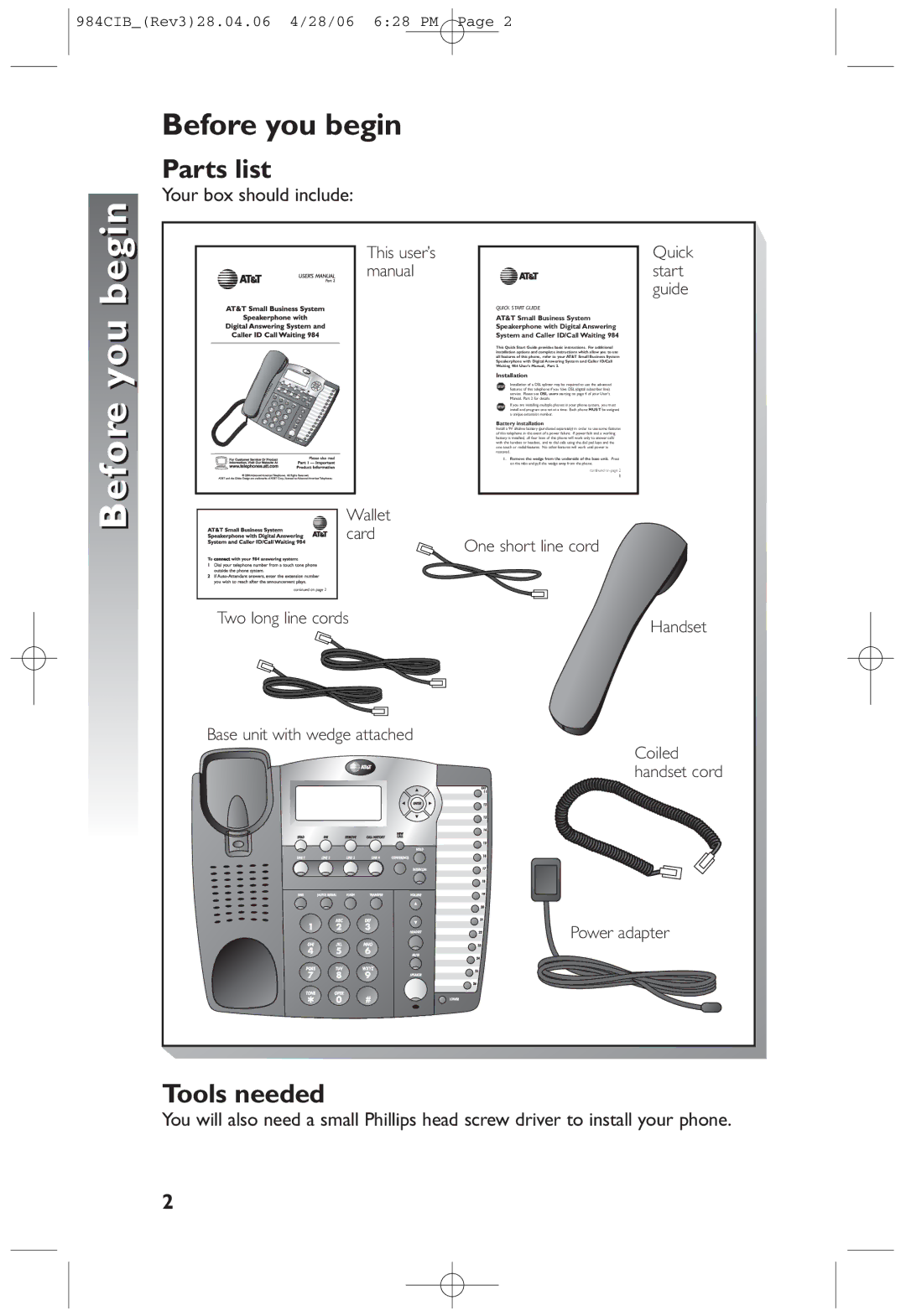 AT&T 984 user manual Before you begin, Parts list, Tools needed, Your box should include 