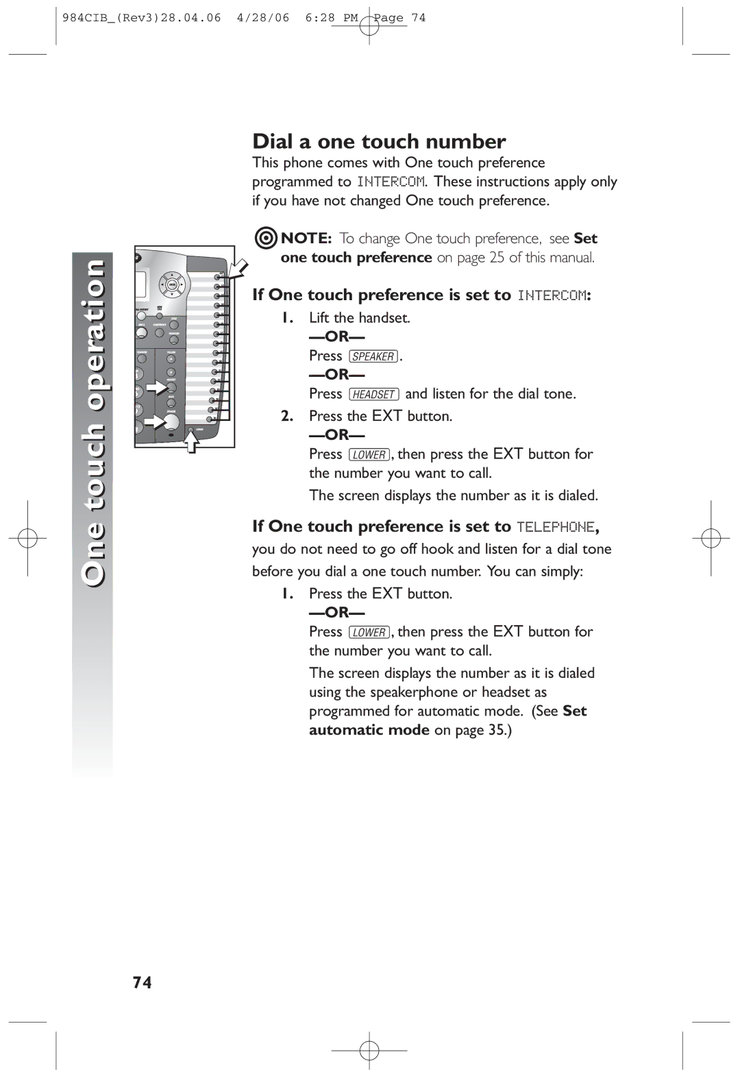 AT&T 984 Dial a one touch number, If One touch preference is set to Telephone, If One touch preference is set to Intercom 