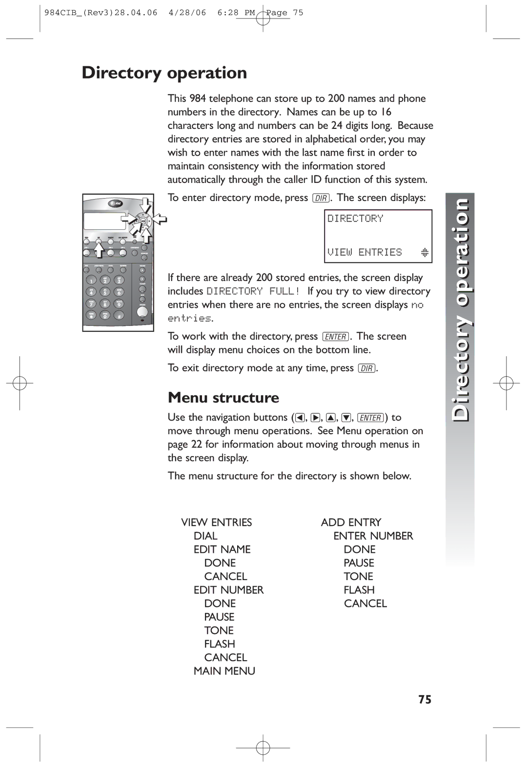 AT&T 984 user manual Directory operation 