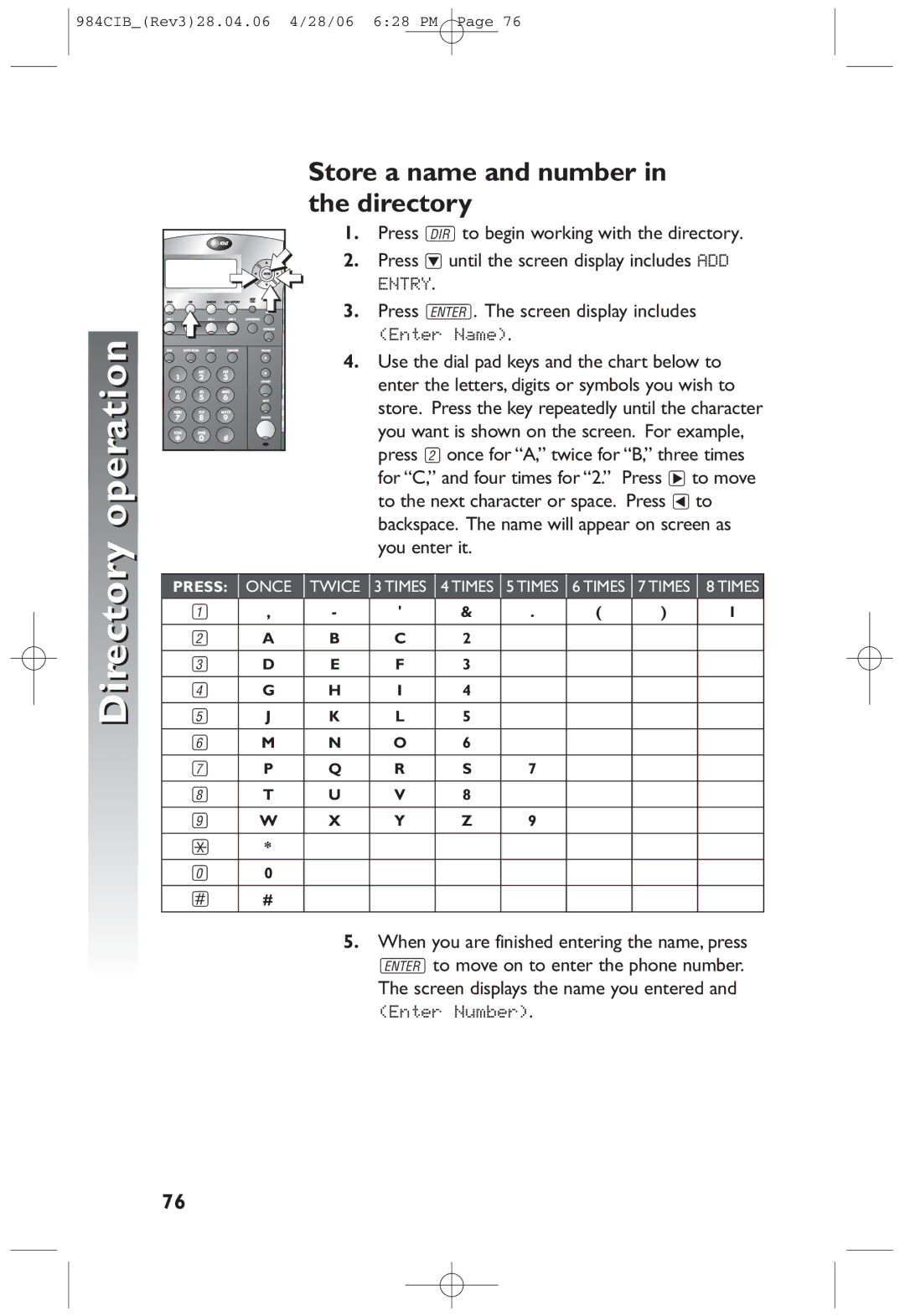 AT&T 984 user manual Store a name and number in the directory 