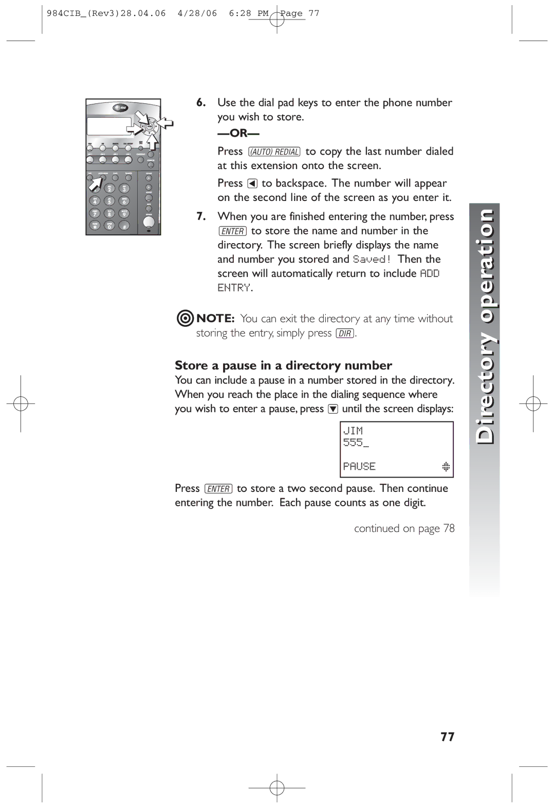 AT&T 984 user manual Store a pause in a directory number 