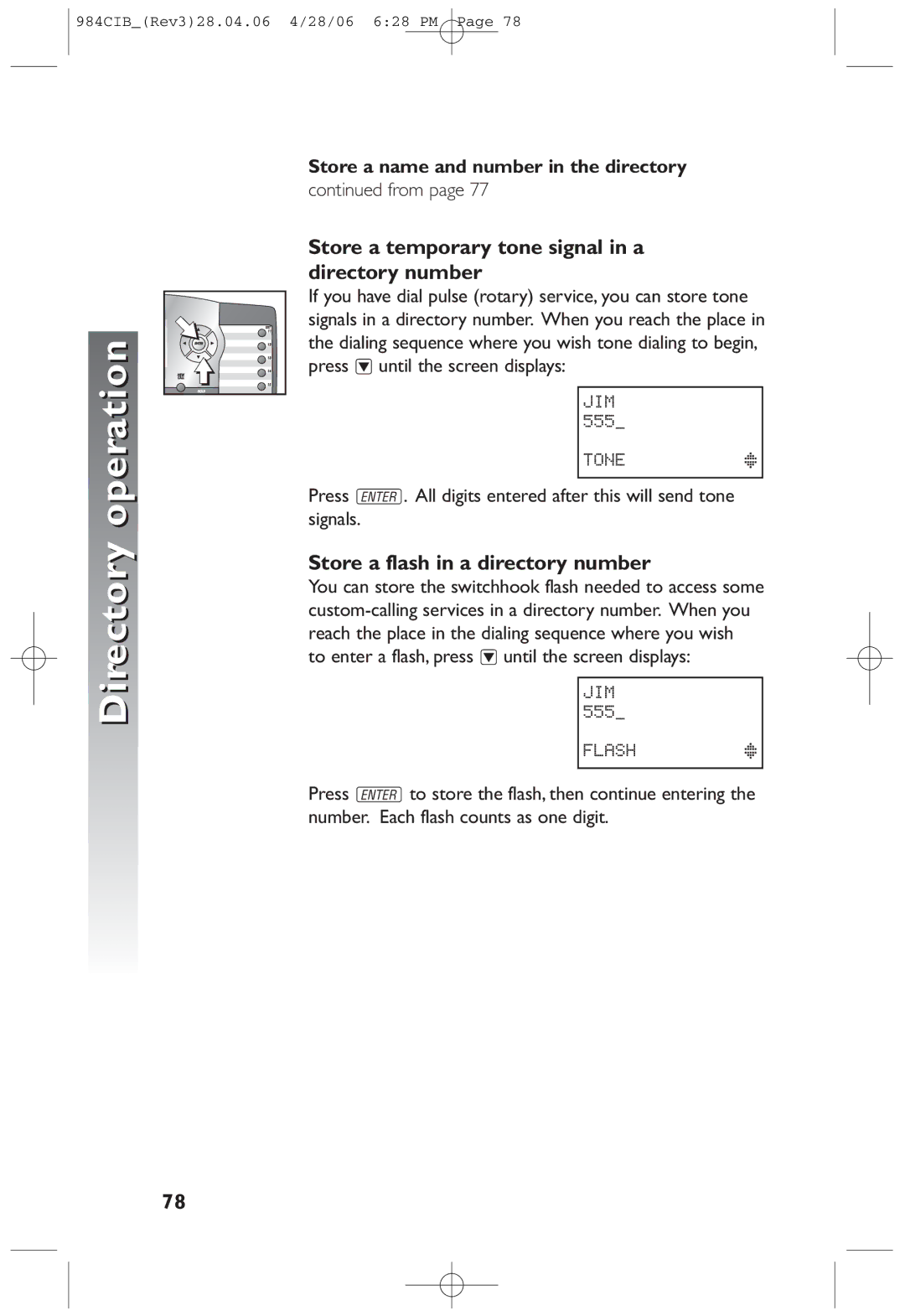 AT&T 984 user manual Store a temporary tone signal in a directory number, Store a flash in a directory number 