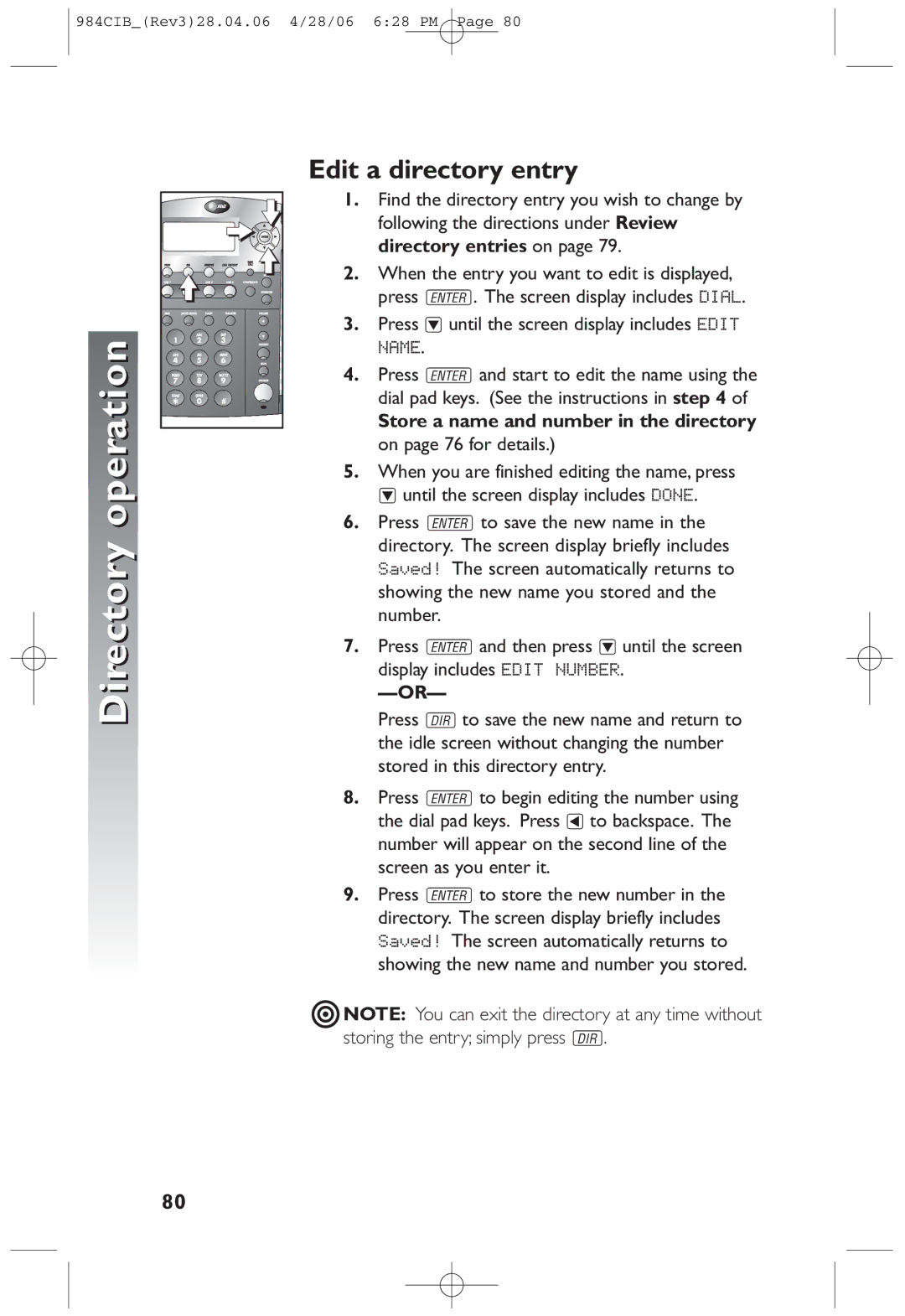 AT&T 984 user manual Edit a directory entry, Directory entries on 