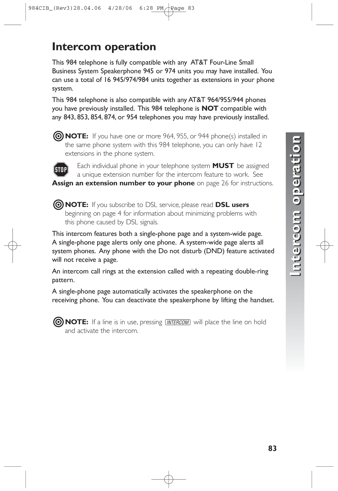 AT&T 984 user manual Intercom operation 