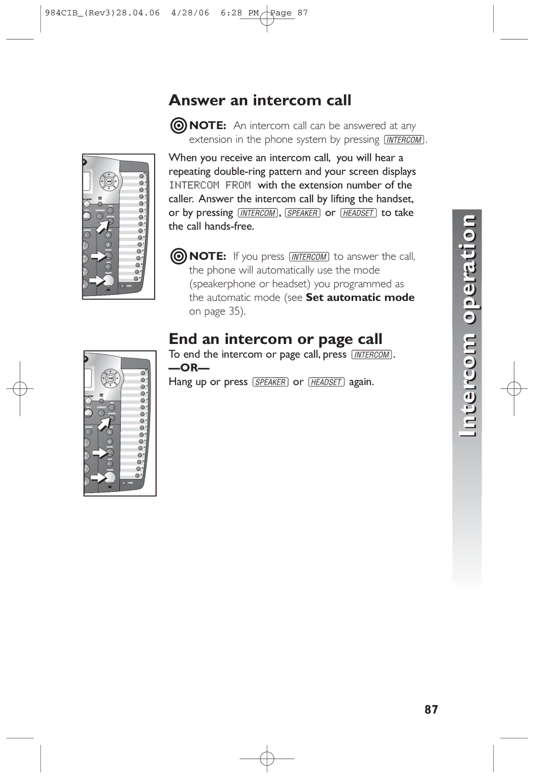 AT&T 984 user manual Answer an intercom call, End an intercom or page call 