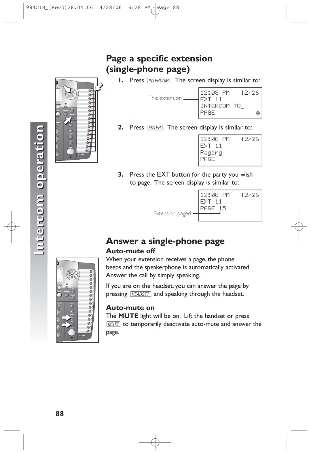 AT&T 984 user manual Operation Intercom, Answer a single-phone, Auto-mute off, Auto-mute on 