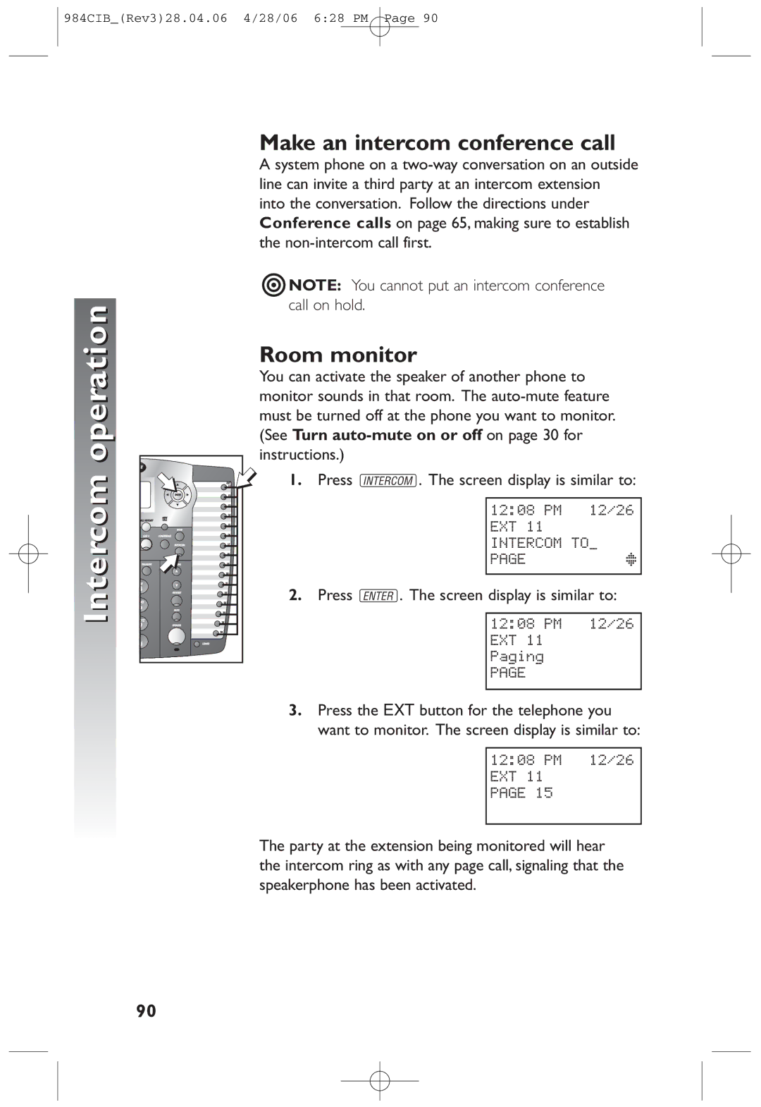 AT&T 984 user manual Make an intercom conference call, Room monitor, See Turn auto-mute on or off on page 30 for 