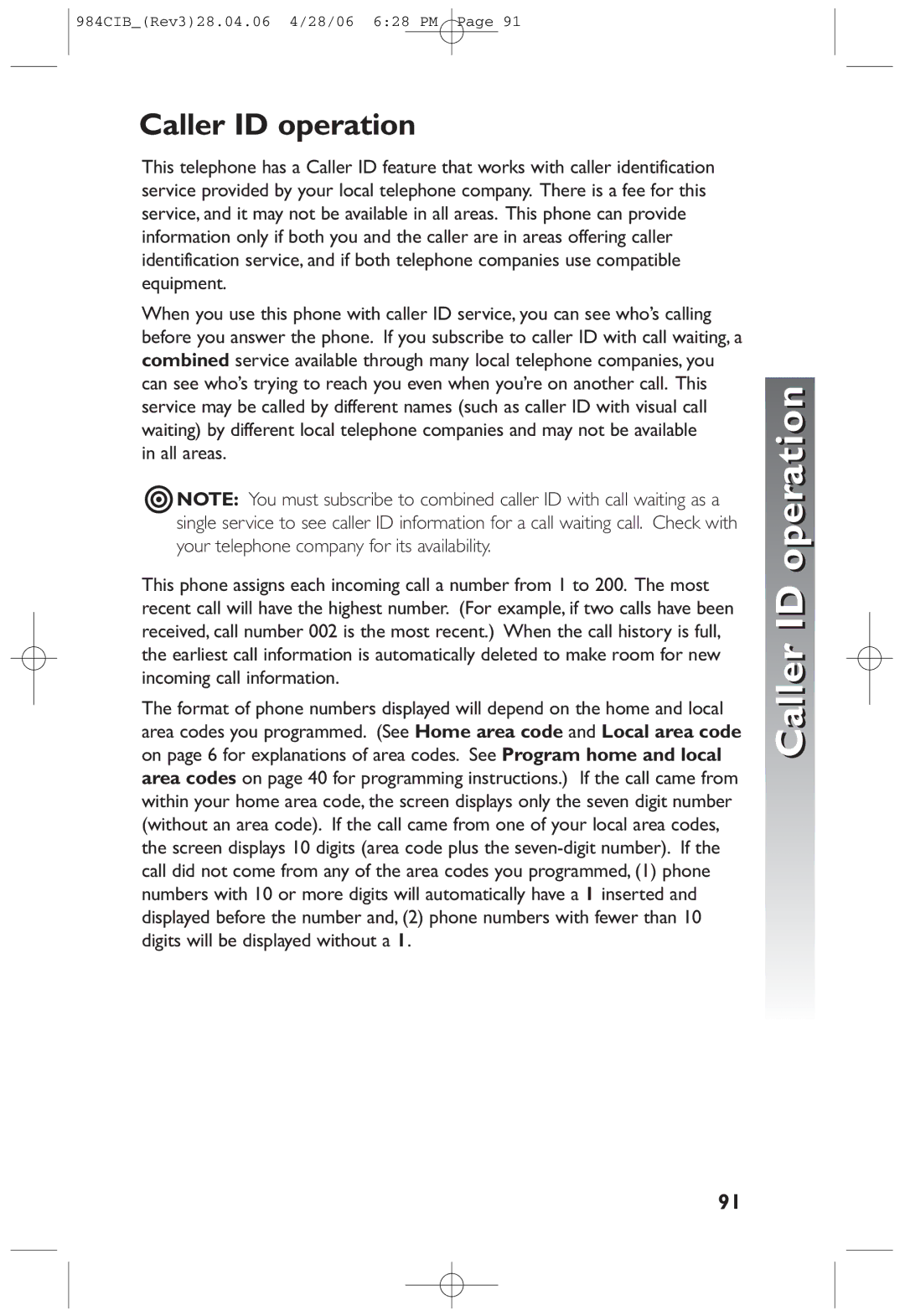 AT&T 984 user manual Caller ID operation 