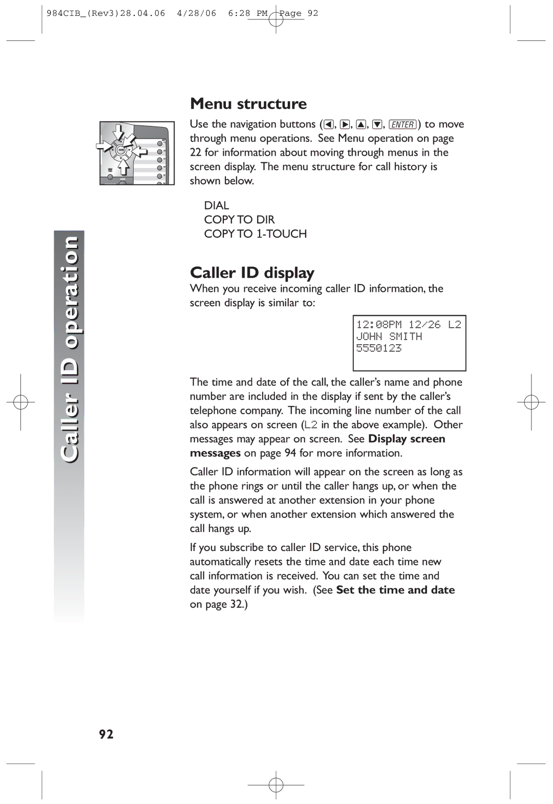 AT&T 984 user manual Kmno, Caller ID display 