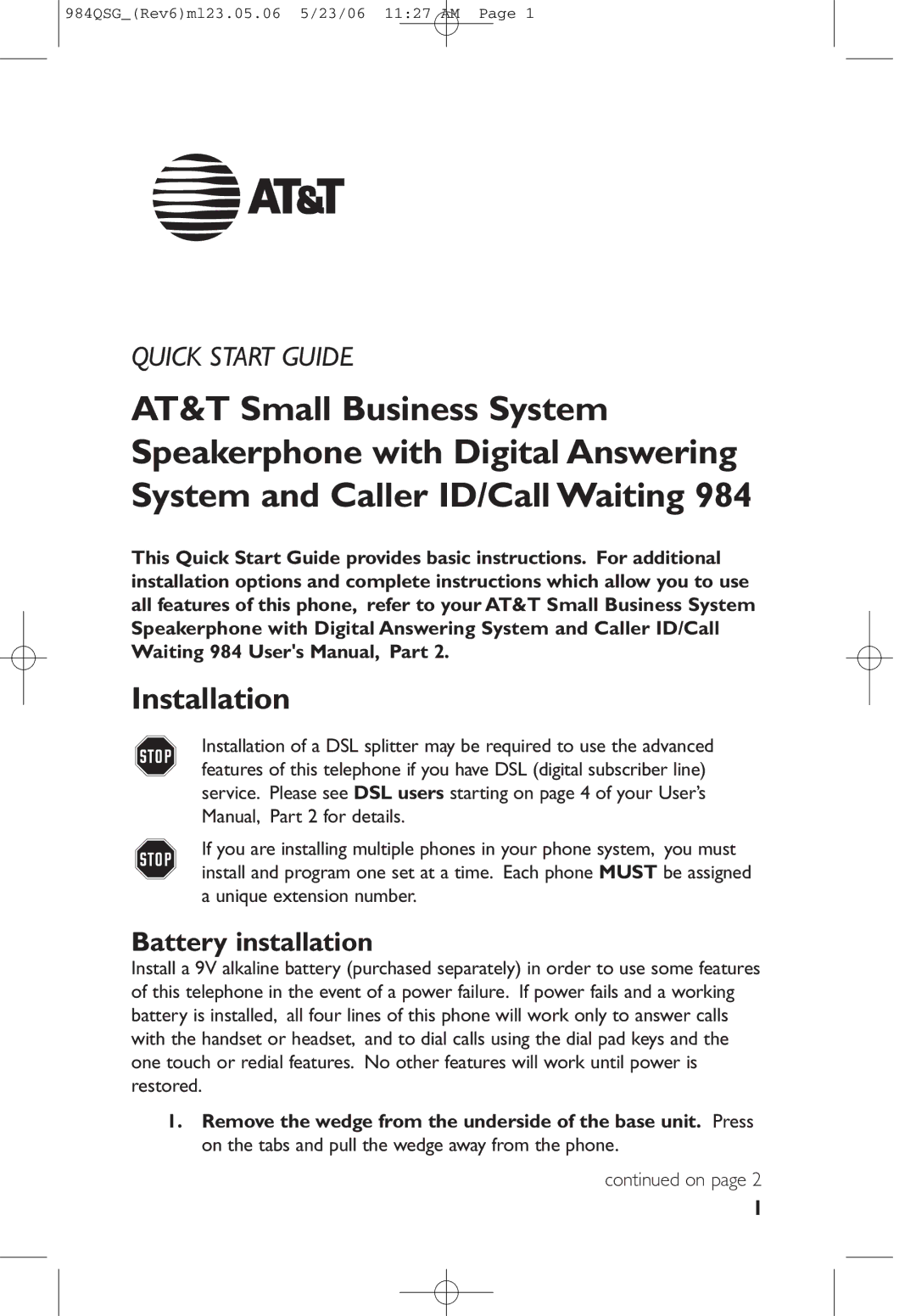 AT&T 984QSG quick start Installation, Battery installation 