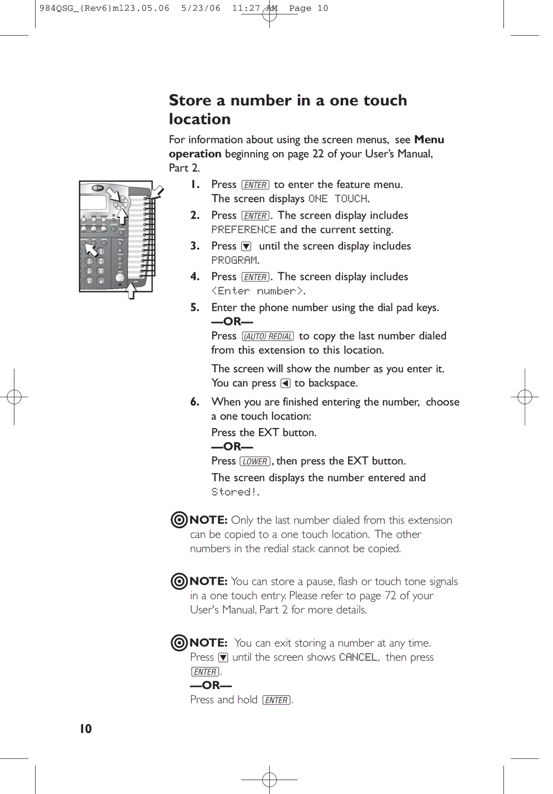 AT&T 984QSG quick start Store a number in a one touch location 