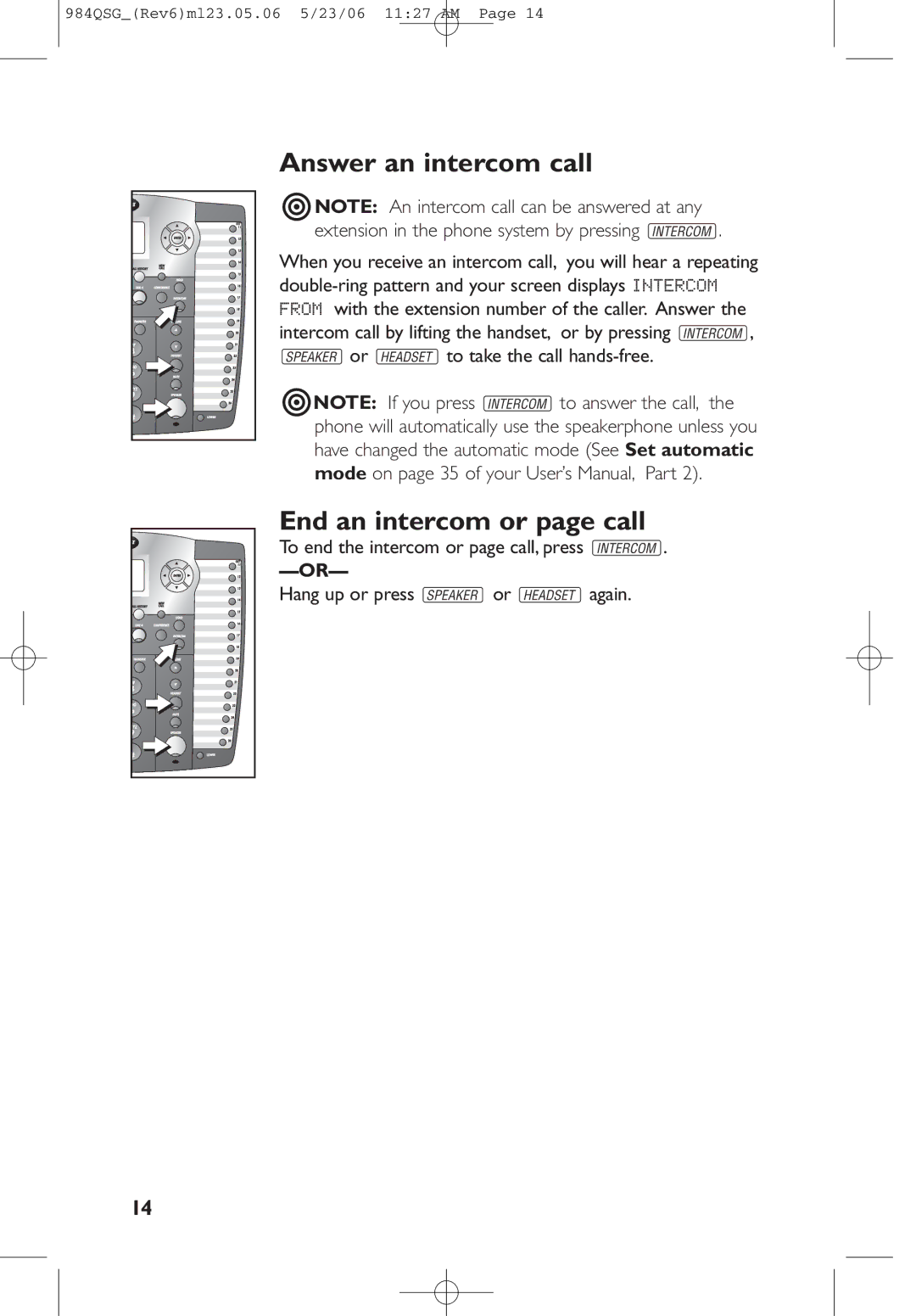 AT&T 984QSG quick start Answer an intercom call, End an intercom or page call 