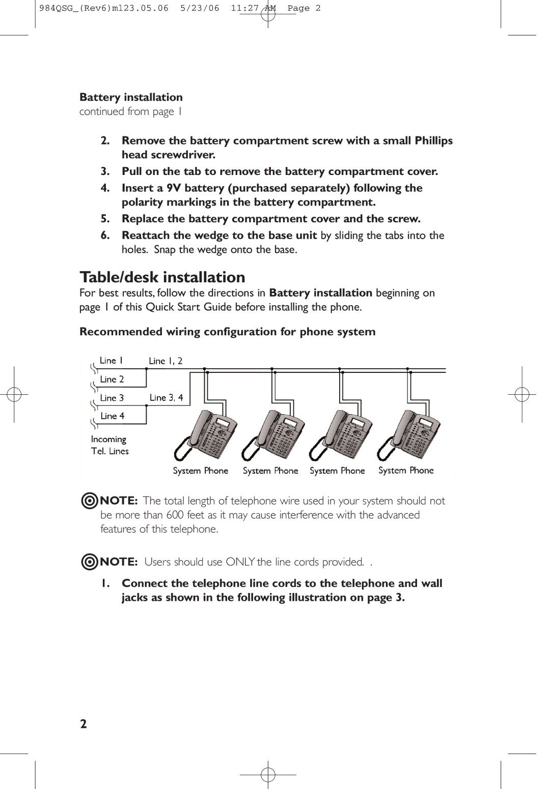 AT&T 984QSG quick start Table/desk installation, Battery installation, Recommended wiring configuration for phone system 