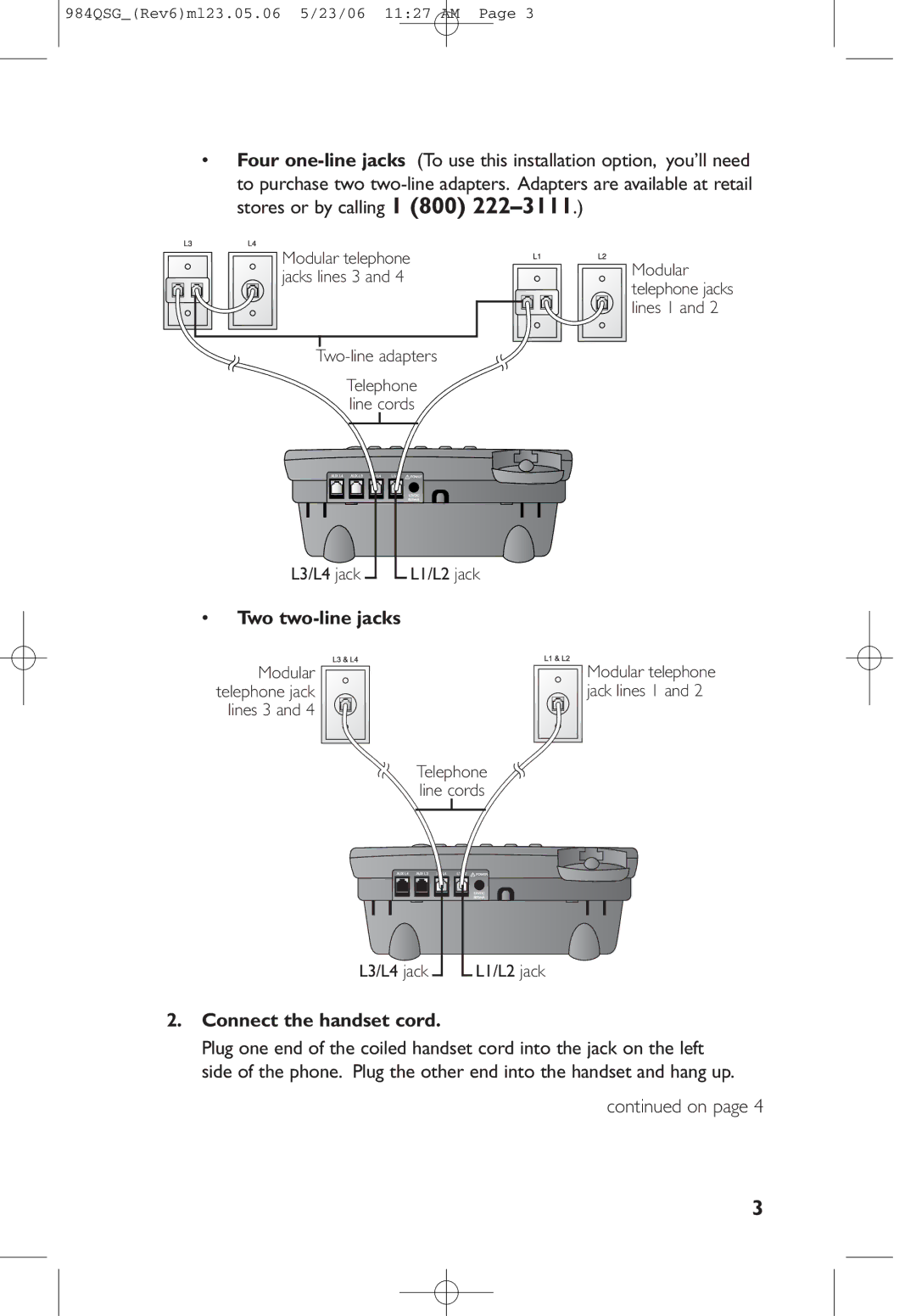 AT&T 984QSG quick start Two two-line jacks, Connect the handset cord 