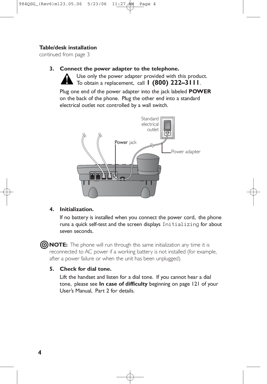 AT&T 984QSG Table/desk installation, Connect the power adapter to the telephone, Initialization, Check for dial tone 