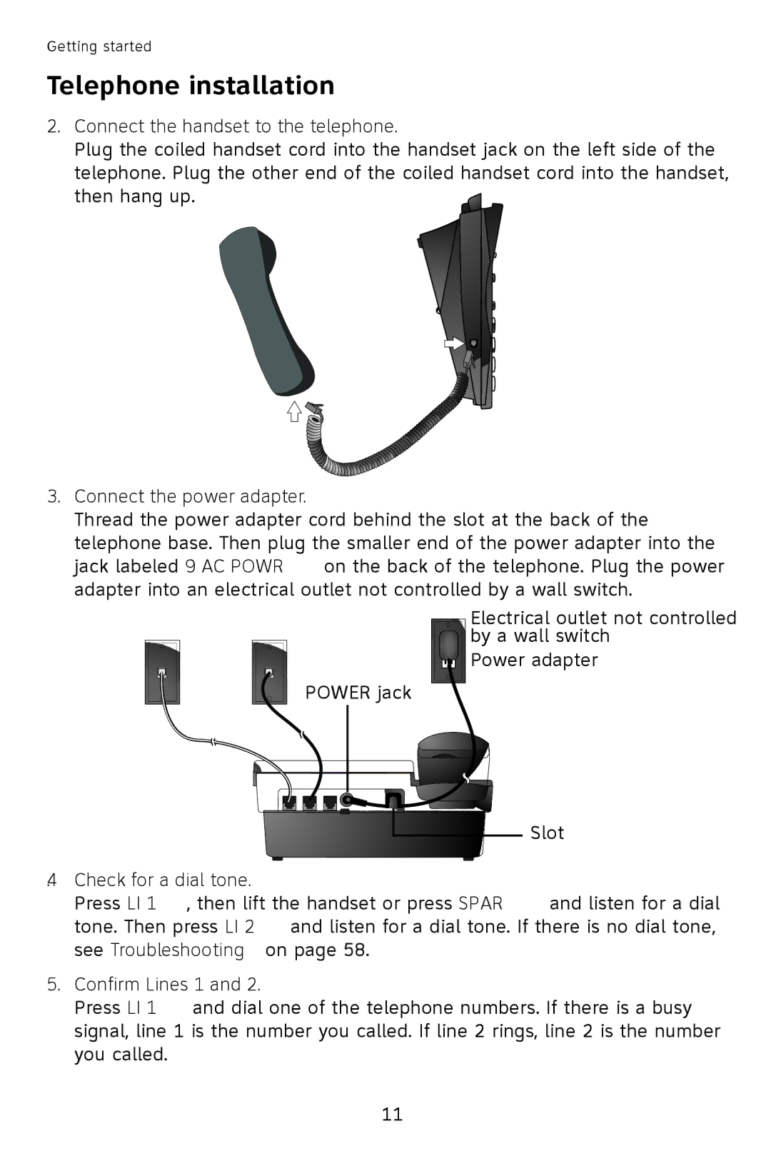 AT&T 993 2-Line Connect the handset to the telephone, Connect the power adapter, Check for a dial tone, Confirm Lines 1 