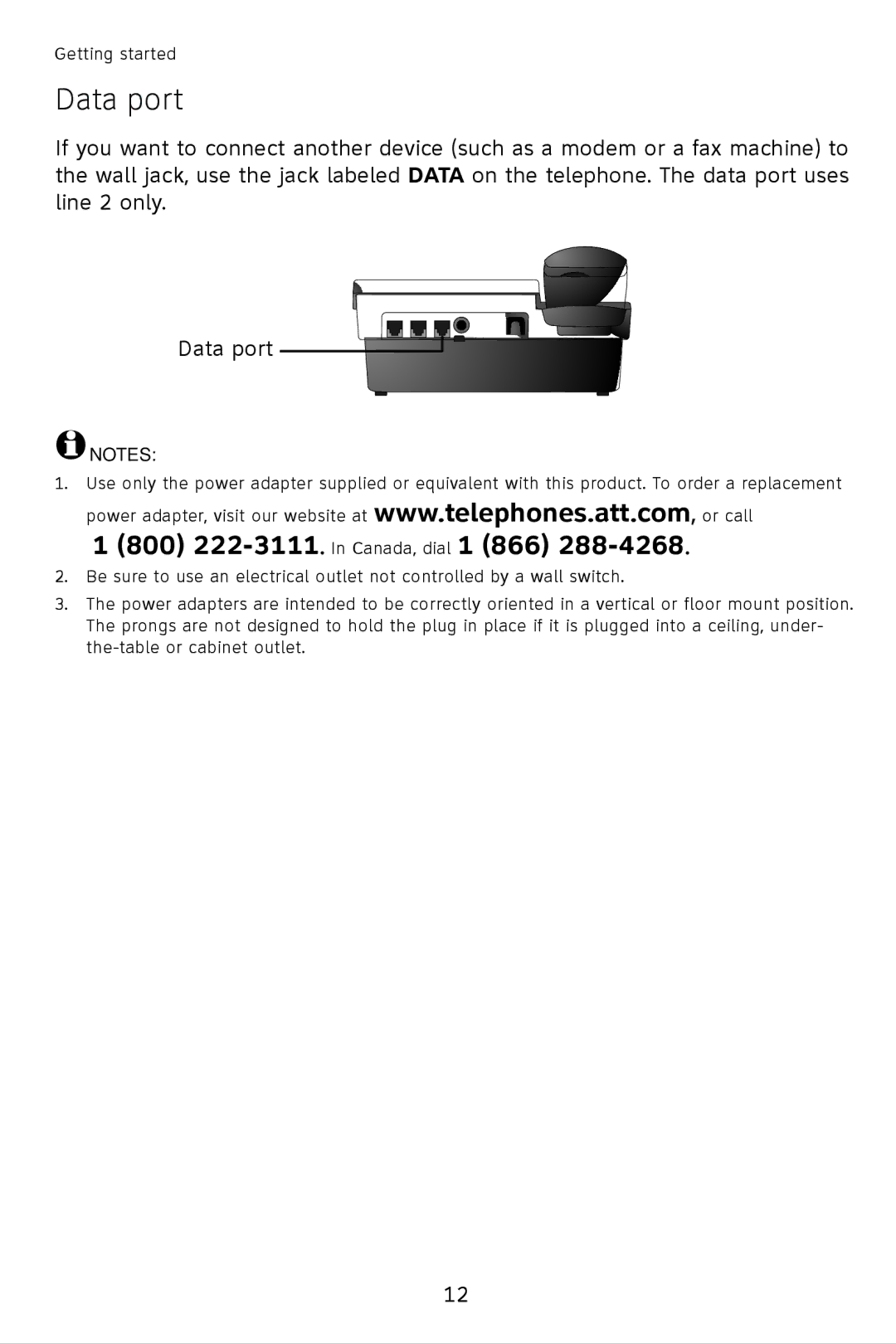 AT&T 993 2-Line user manual Data port, 800 222-3111.In Canada, dial 1 866 