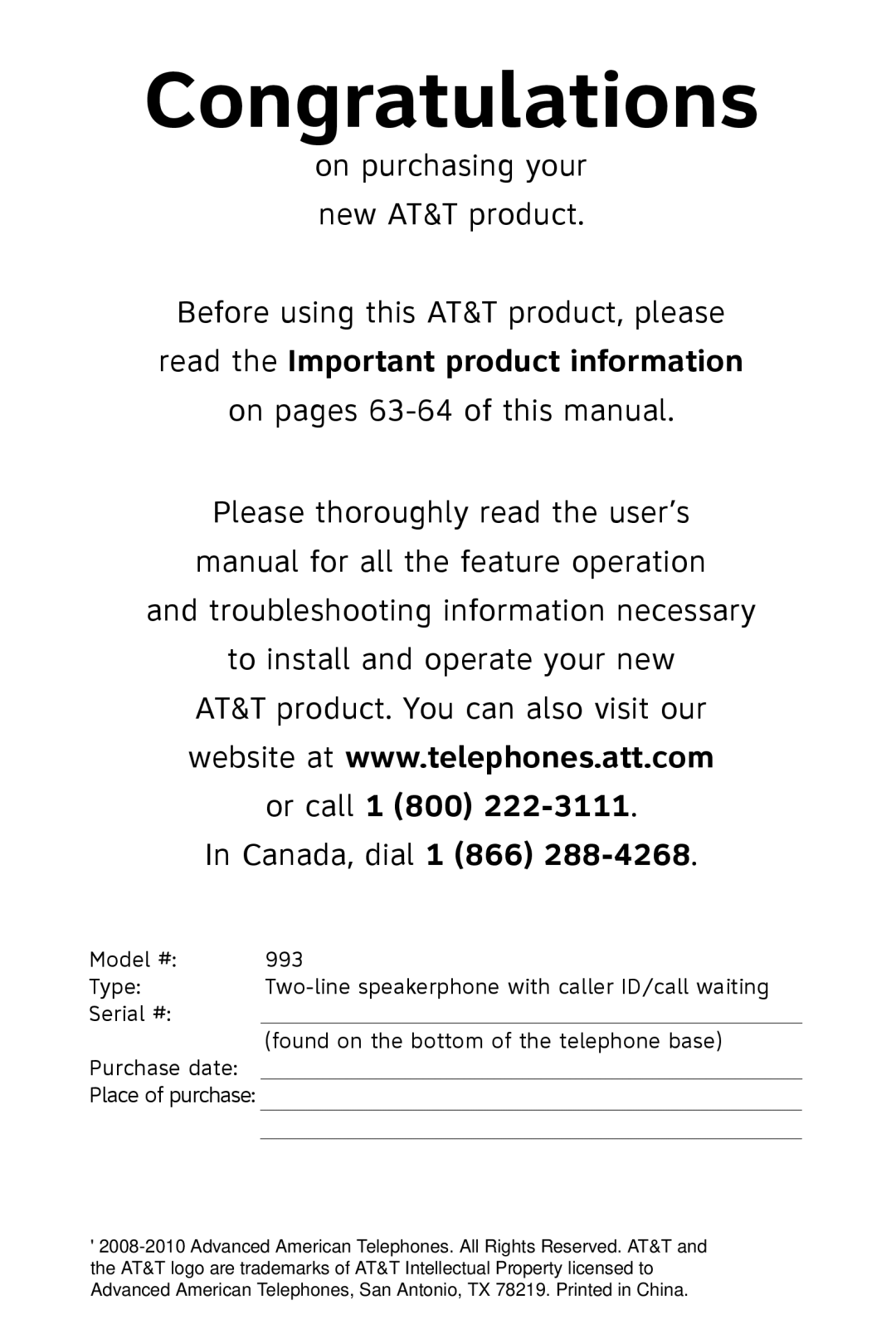 AT&T 993 2-Line user manual Congratulations, On purchasing your new AT&T product 