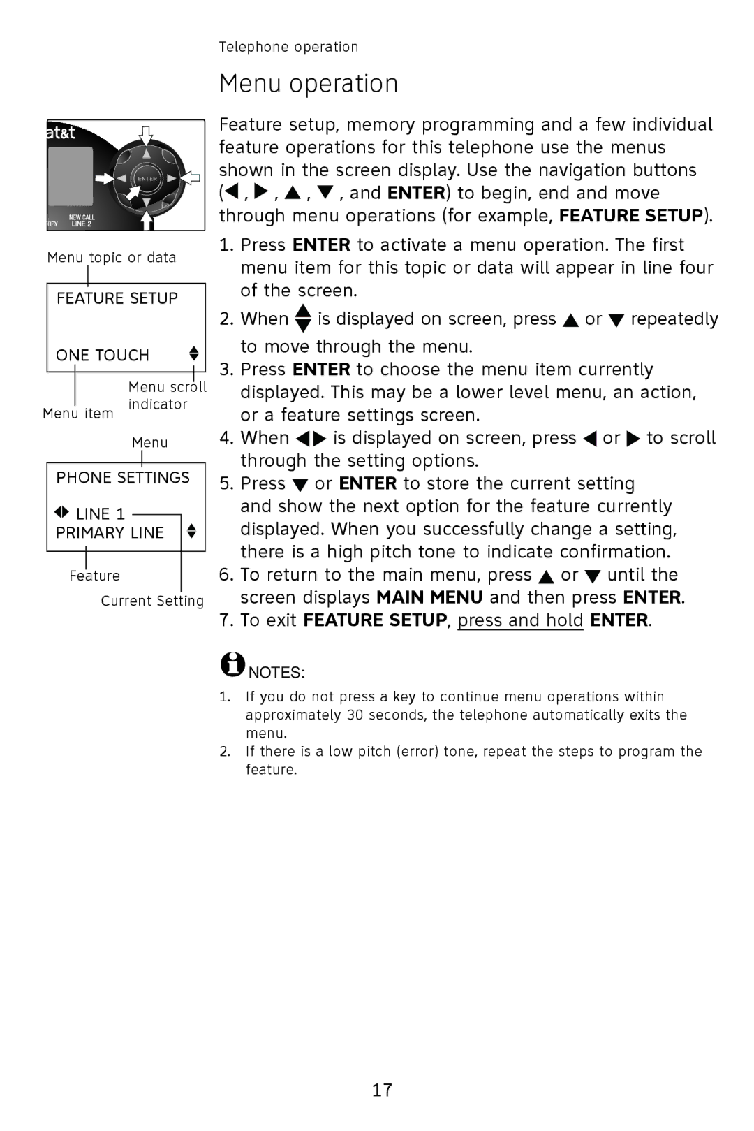 AT&T 993 2-Line user manual Menu operation, To exit Feature SETUP, press and hold Enter 