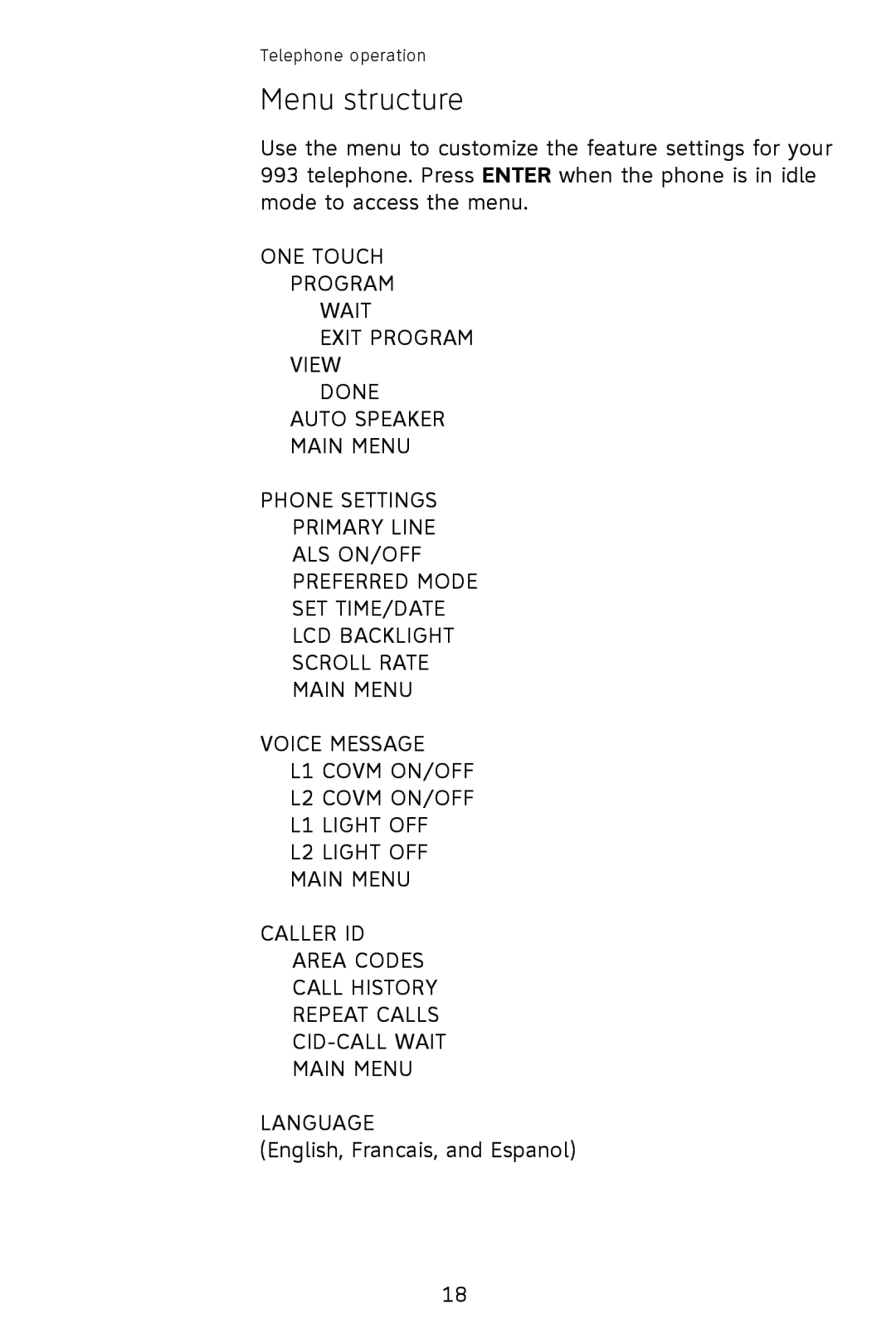 AT&T 993 2-Line user manual Menu structure 