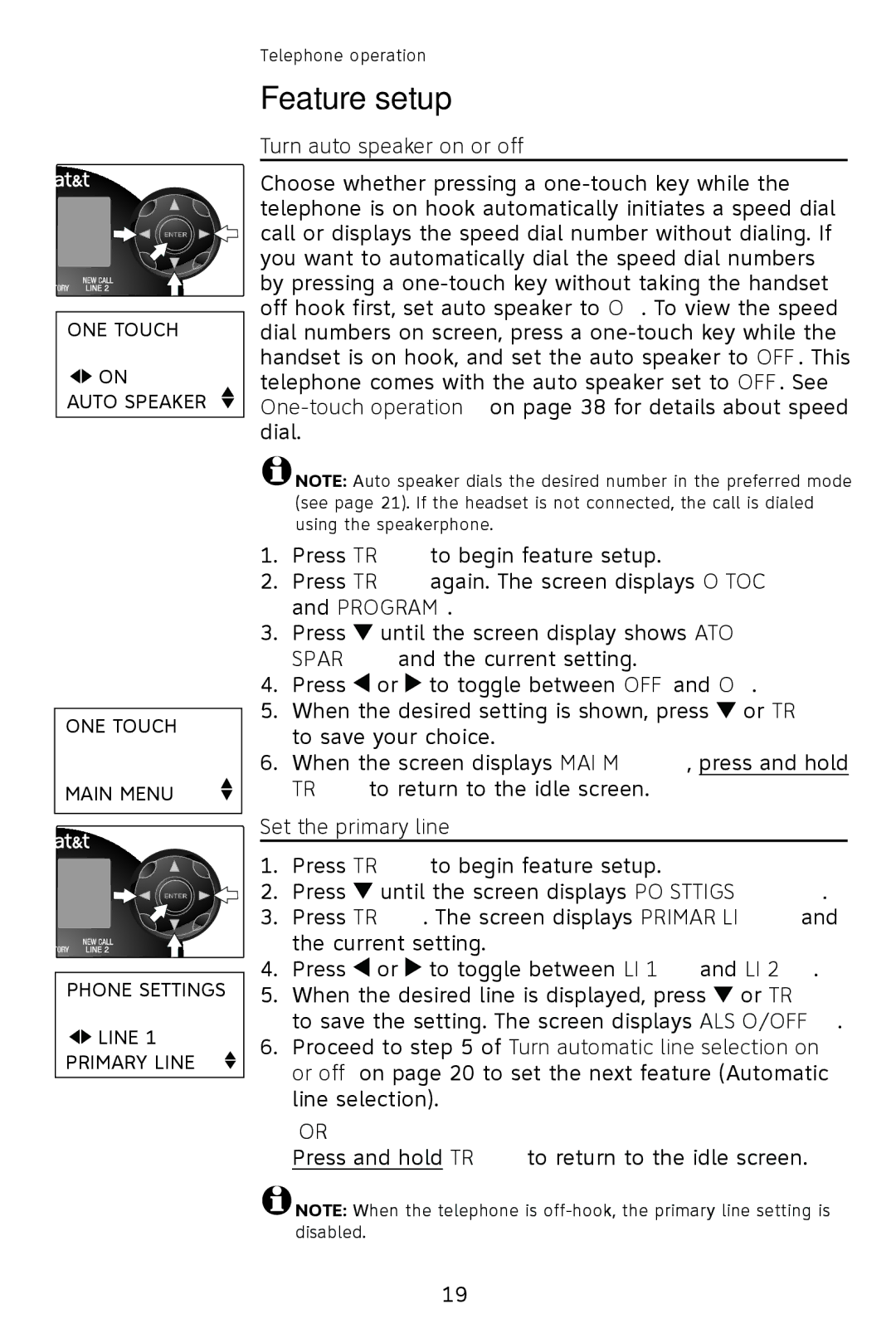 AT&T 993 2-Line user manual Feature setup, Turn auto speaker on or off, Set the primary line 