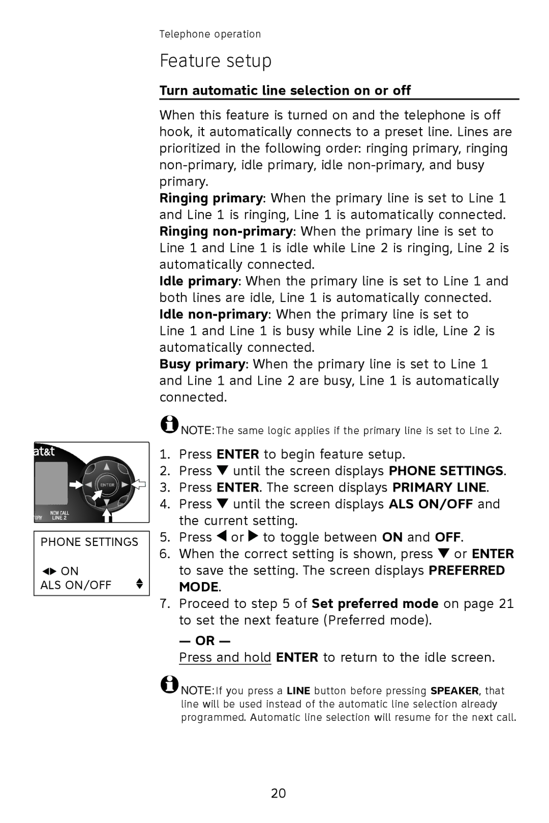 AT&T 993 2-Line user manual Turn automatic line selection on or off 