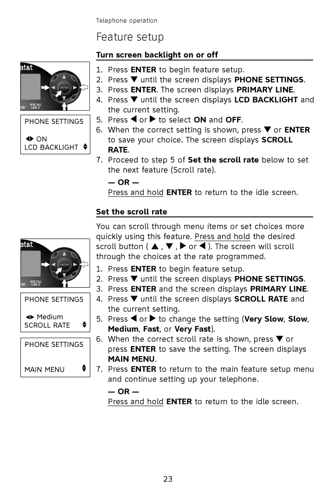 AT&T 993 2-Line user manual Turn screen backlight on or off, Set the scroll rate 