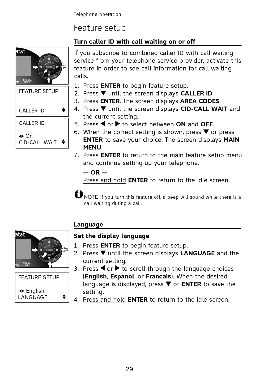 AT&T 993 2-Line user manual Turn caller ID with call waiting on or off, Language Set the display language 