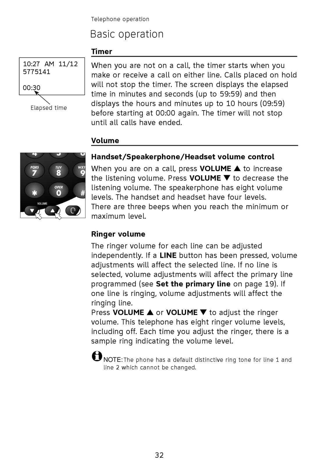 AT&T 993 2-Line user manual Timer, Volume Handset/Speakerphone/Headset volume control, Ringer volume 