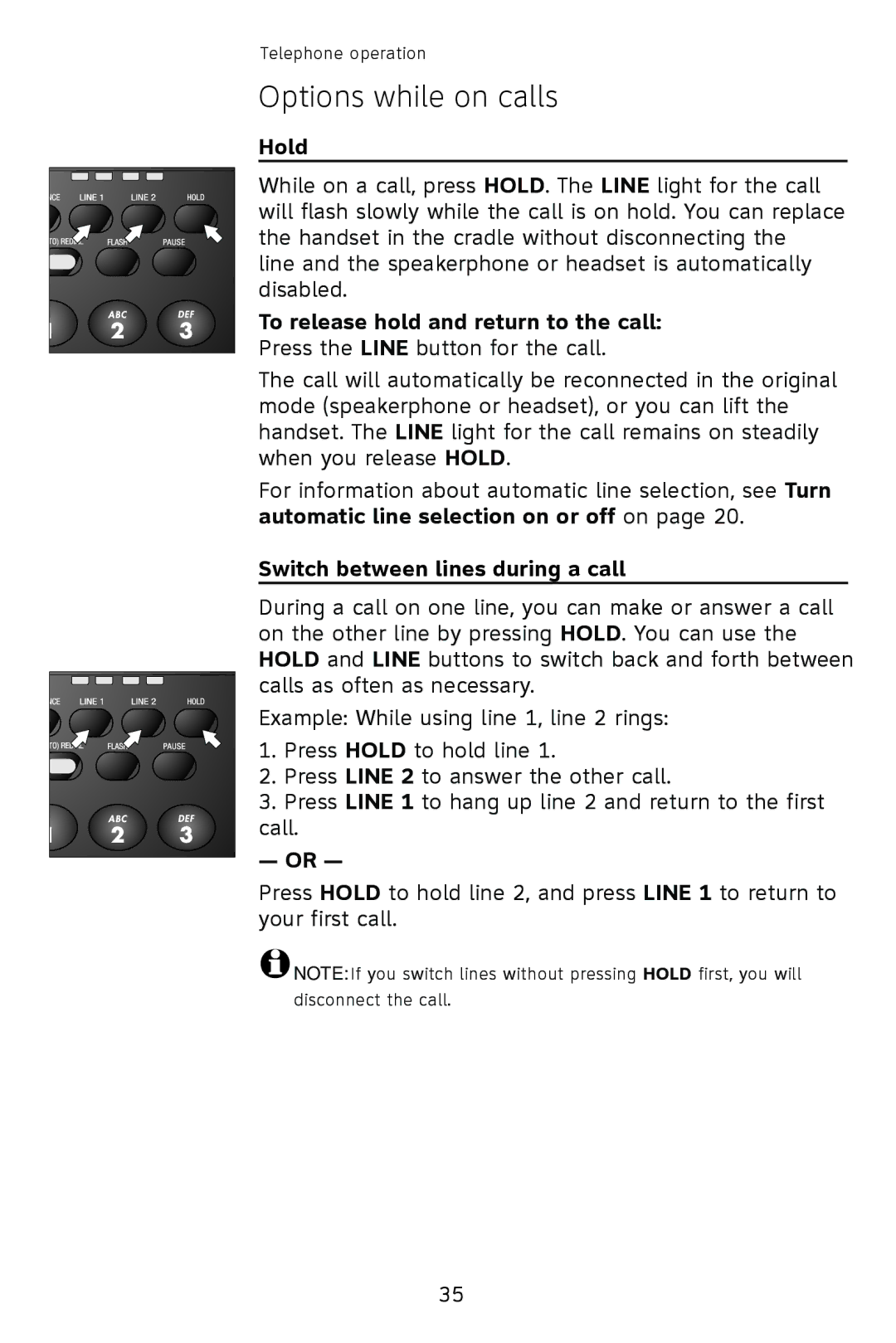 AT&T 993 2-Line Options while on calls, Hold, To release hold and return to the call, Switch between lines during a call 