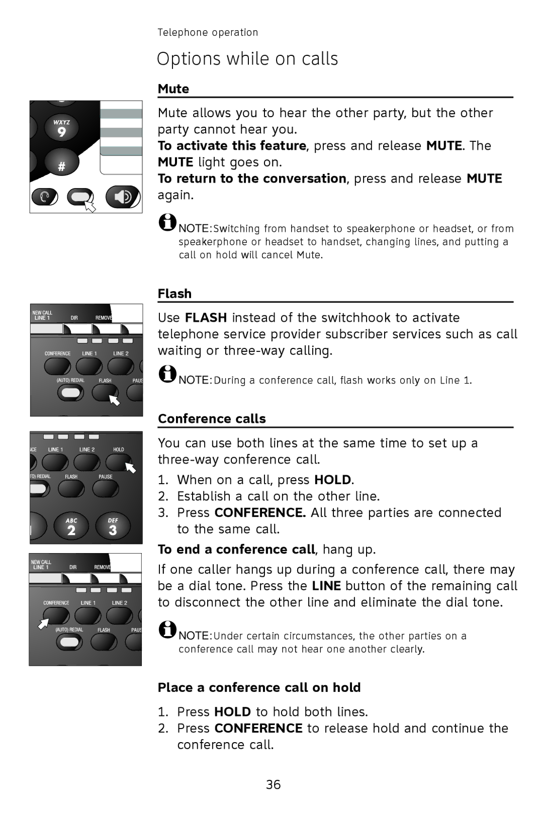 AT&T 993 2-Line user manual Mute, Conference calls, To end a conference call, hang up, Place a conference call on hold 