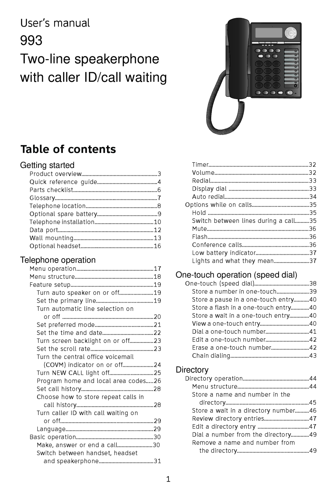 AT&T 993 2-Line user manual User’s manual, Table of contents 