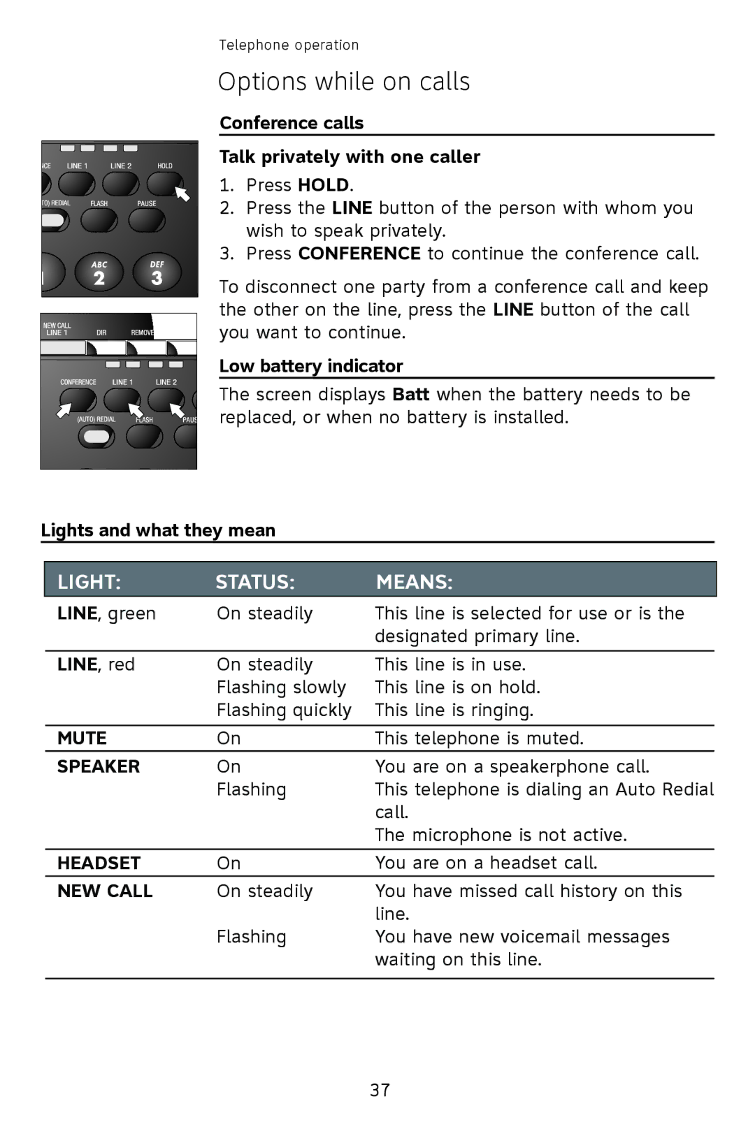 AT&T 993 2-Line Conference calls Talk privately with one caller, Low battery indicator, Lights and what they mean 