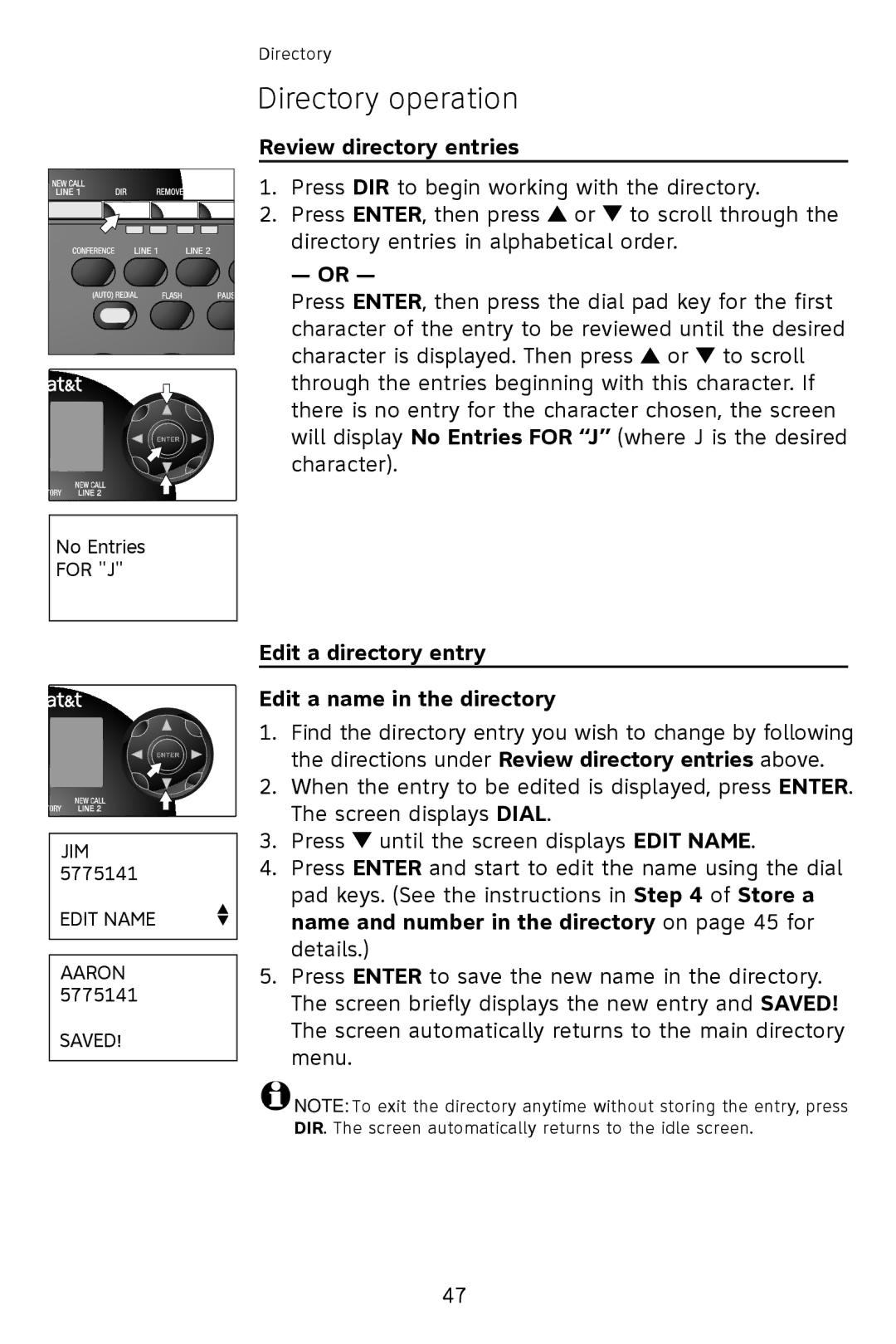 AT&T 993 2-Line user manual Review directory entries, Edit a directory entry Edit a name in the directory 